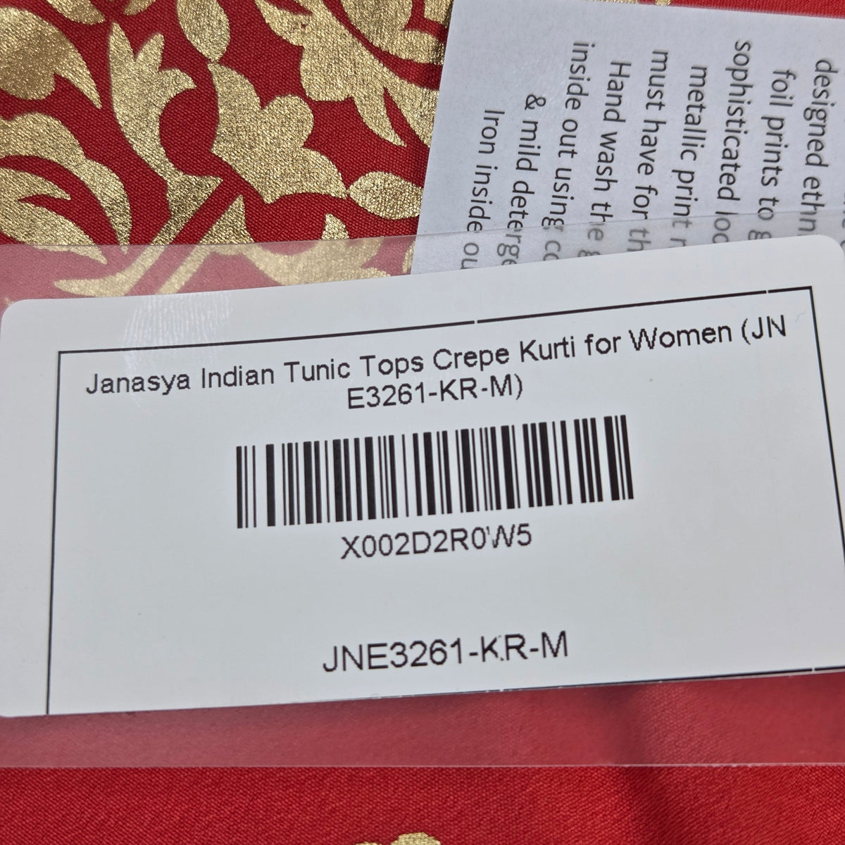 Janasya Womens M Red Gold Floral Foil Print Crepe Kurti Indian Tunic Top NWT