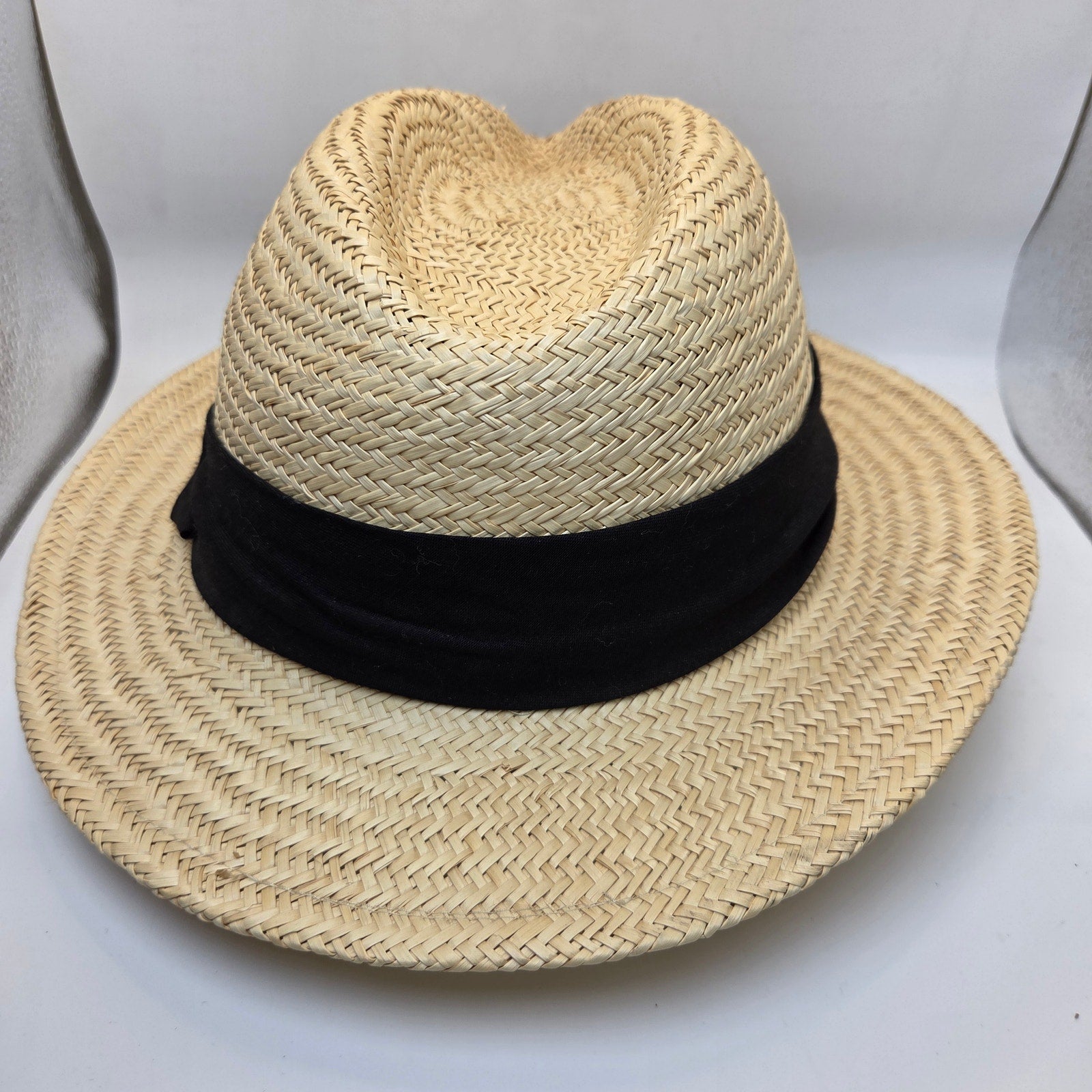 Straw Boater Hat Unbranded Black Band Flat Crown Summer Skimmer Hat