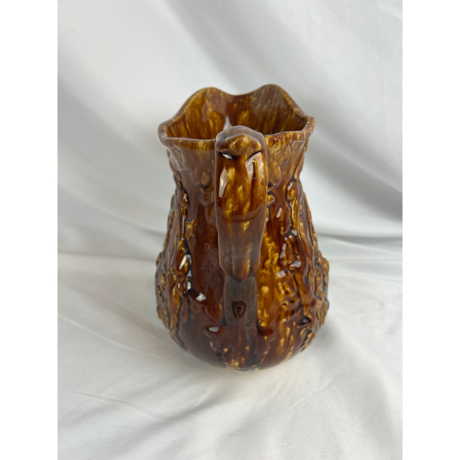 Vintage Rockingham Glaze Pitcher Relief Hunting Scene Dogs Stoneware