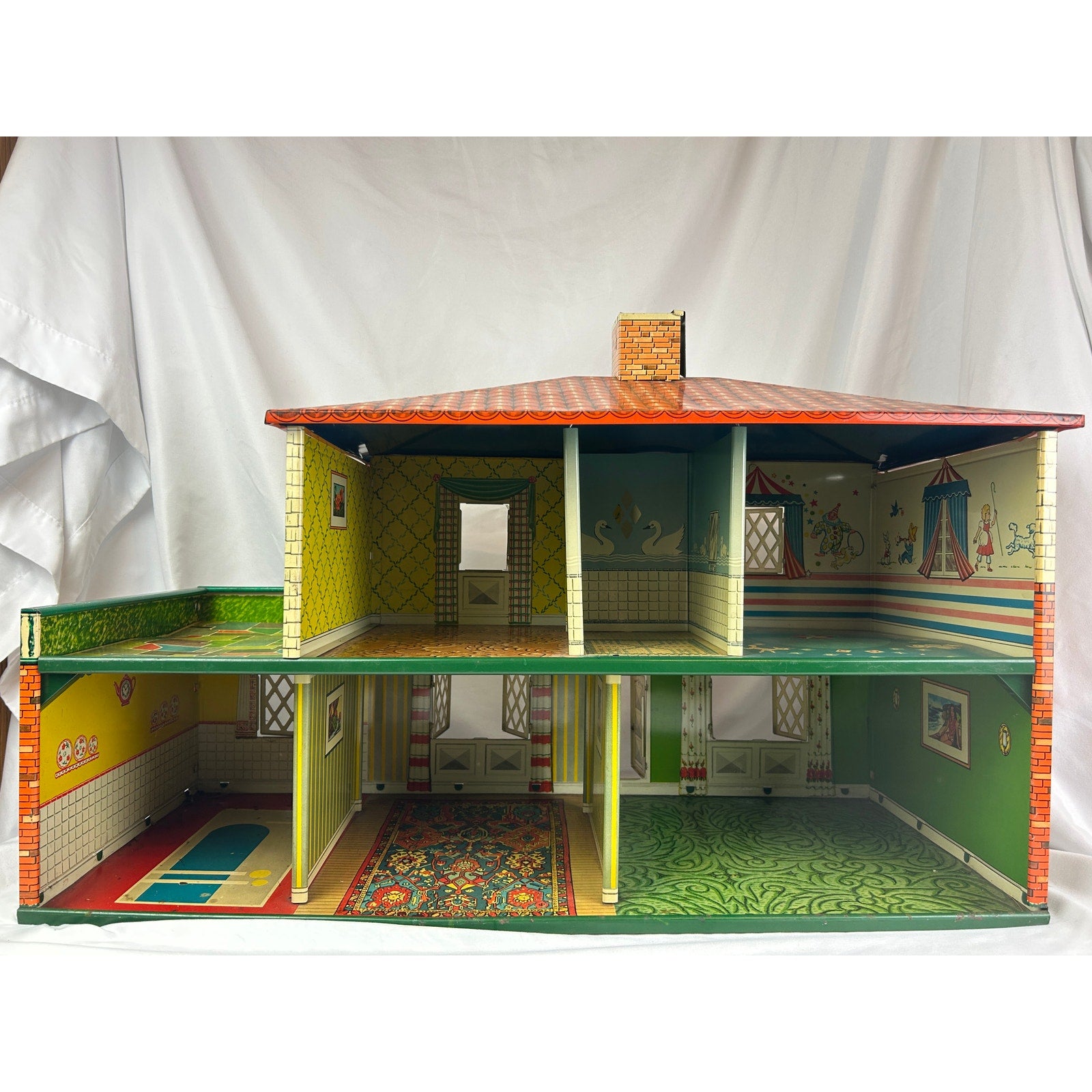 Large Vintage 1950's T Cohn Tin Litho Dollhouse Two Story Modern House