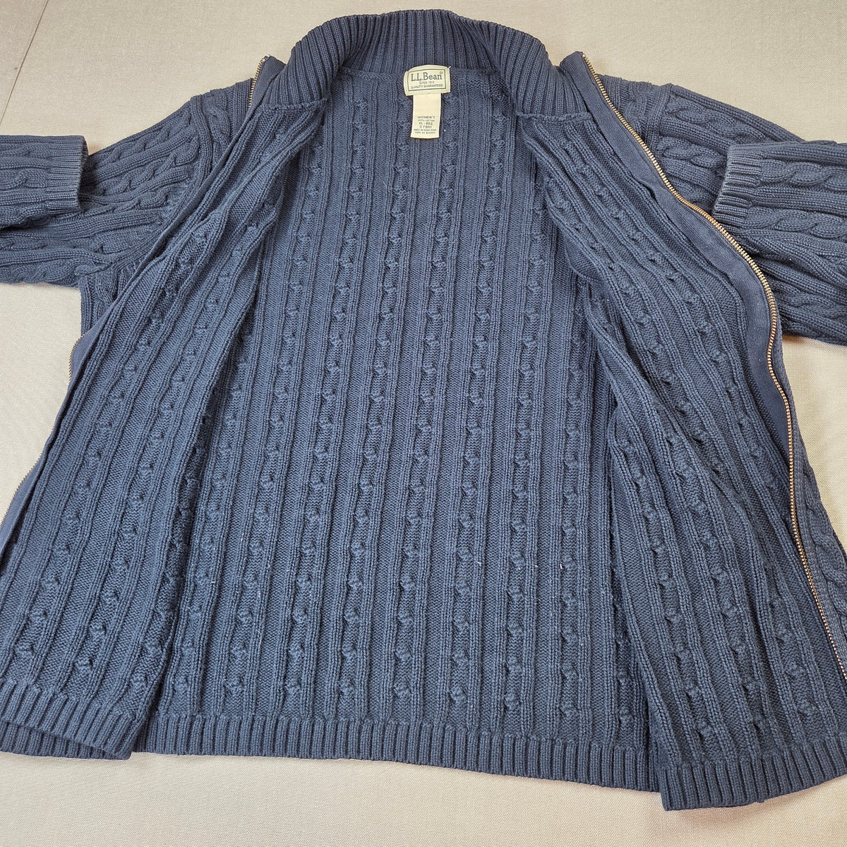Vintage LL Bean Womens XL Cotton Cable Knit Full Zip Mock Neck Sweater Hong Kong