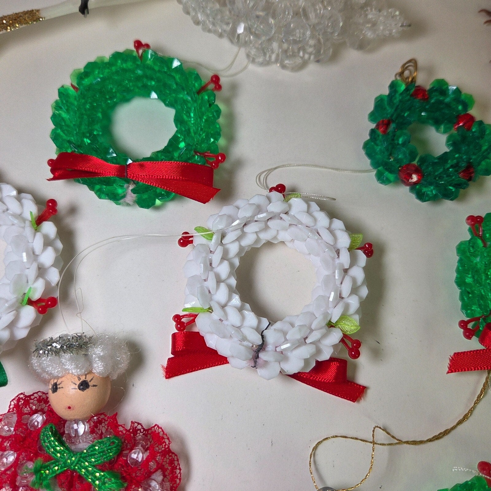 Vintage Handmade Beaded Christmas Ornaments Lot – Wreaths, Birds, More