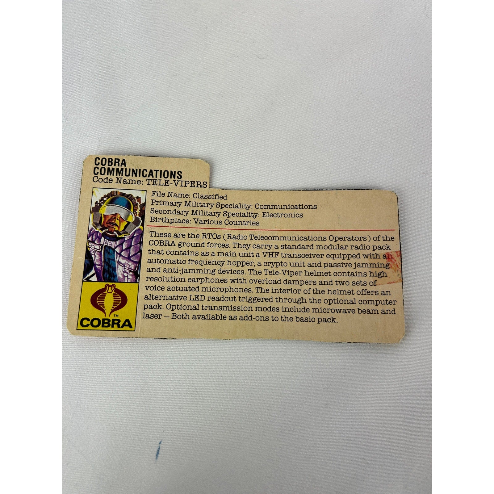 GI Joe Cobra Tele Viper Action Figure 1986 Hasbro Complete w File Card