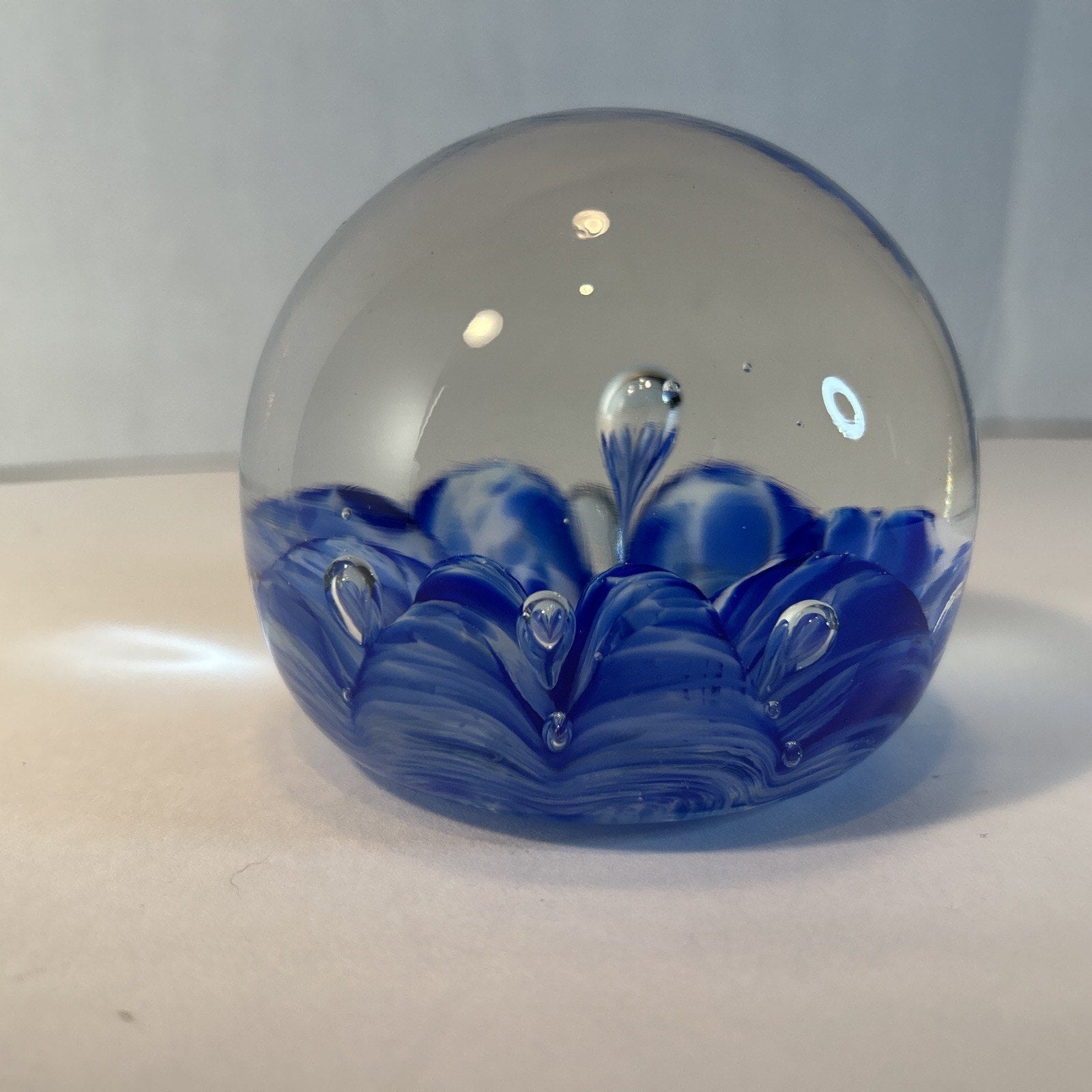 Vintage Monte Dunlavy Signed Art Glass Paperweight Blue Flower Design 3"