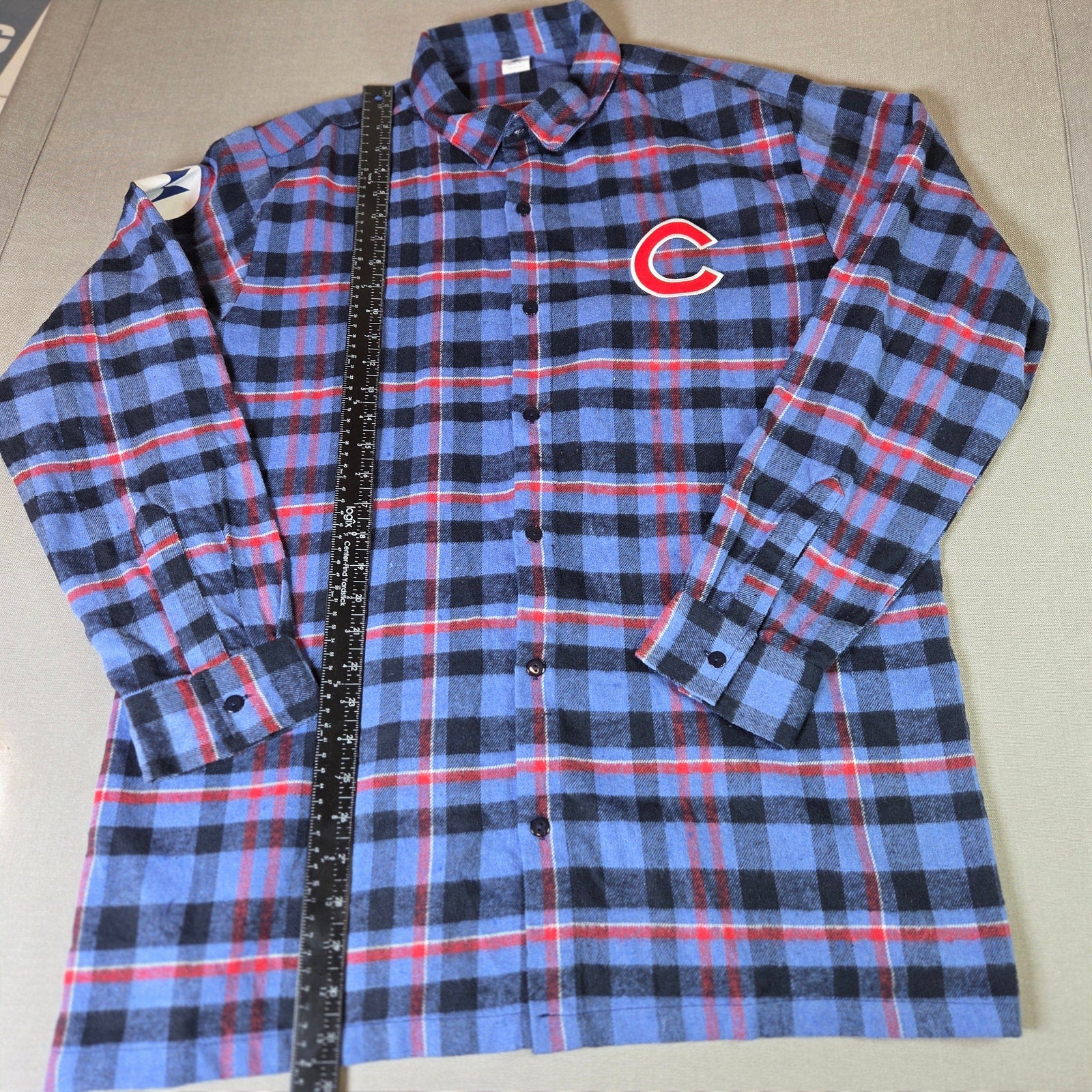 Chicago Cubs Blue Plaid Flannel Button Down Shirt XL Motorola Patch MLB