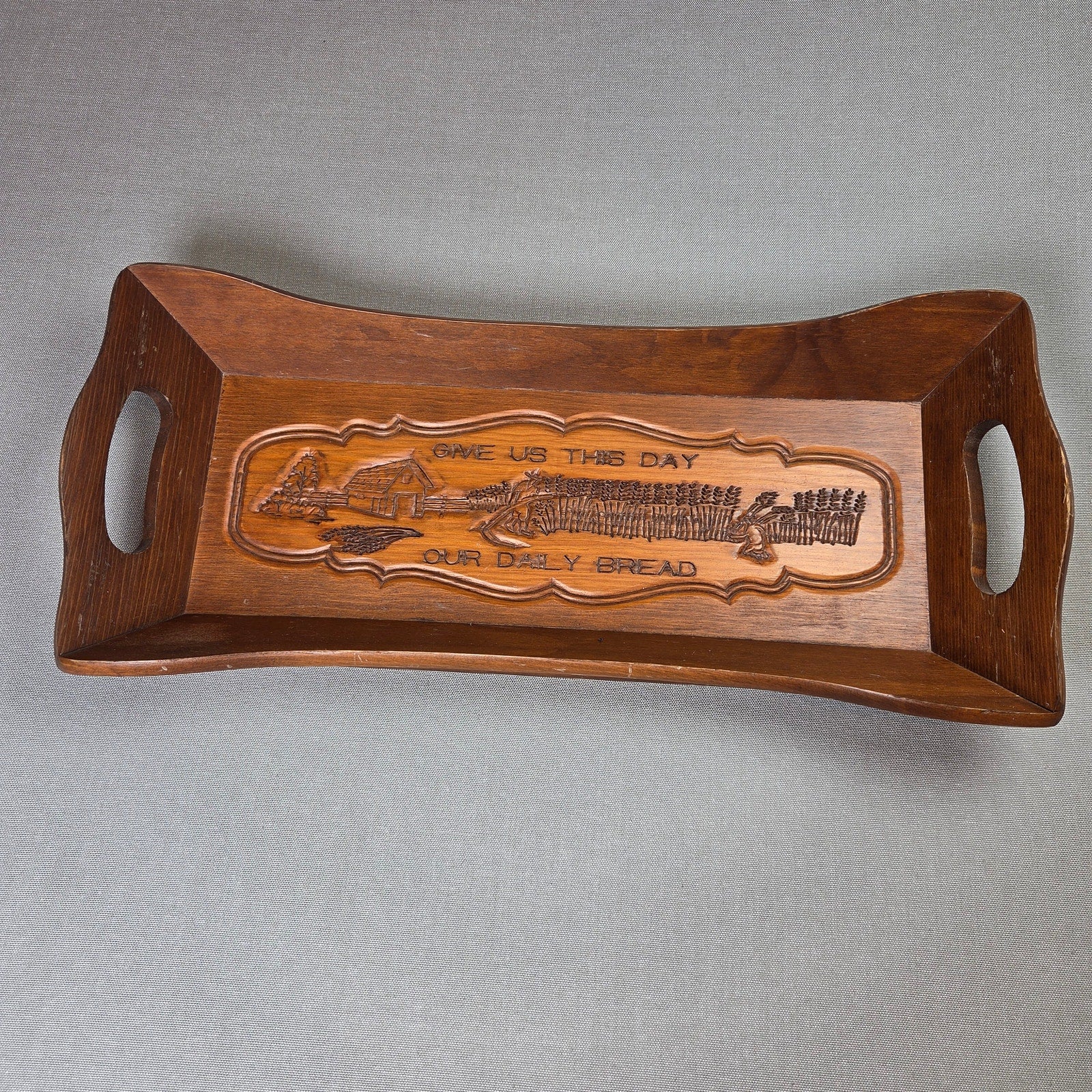 Vintage Wooden Bread Basket Tray Give Us This Day Our Daily Bread 18in