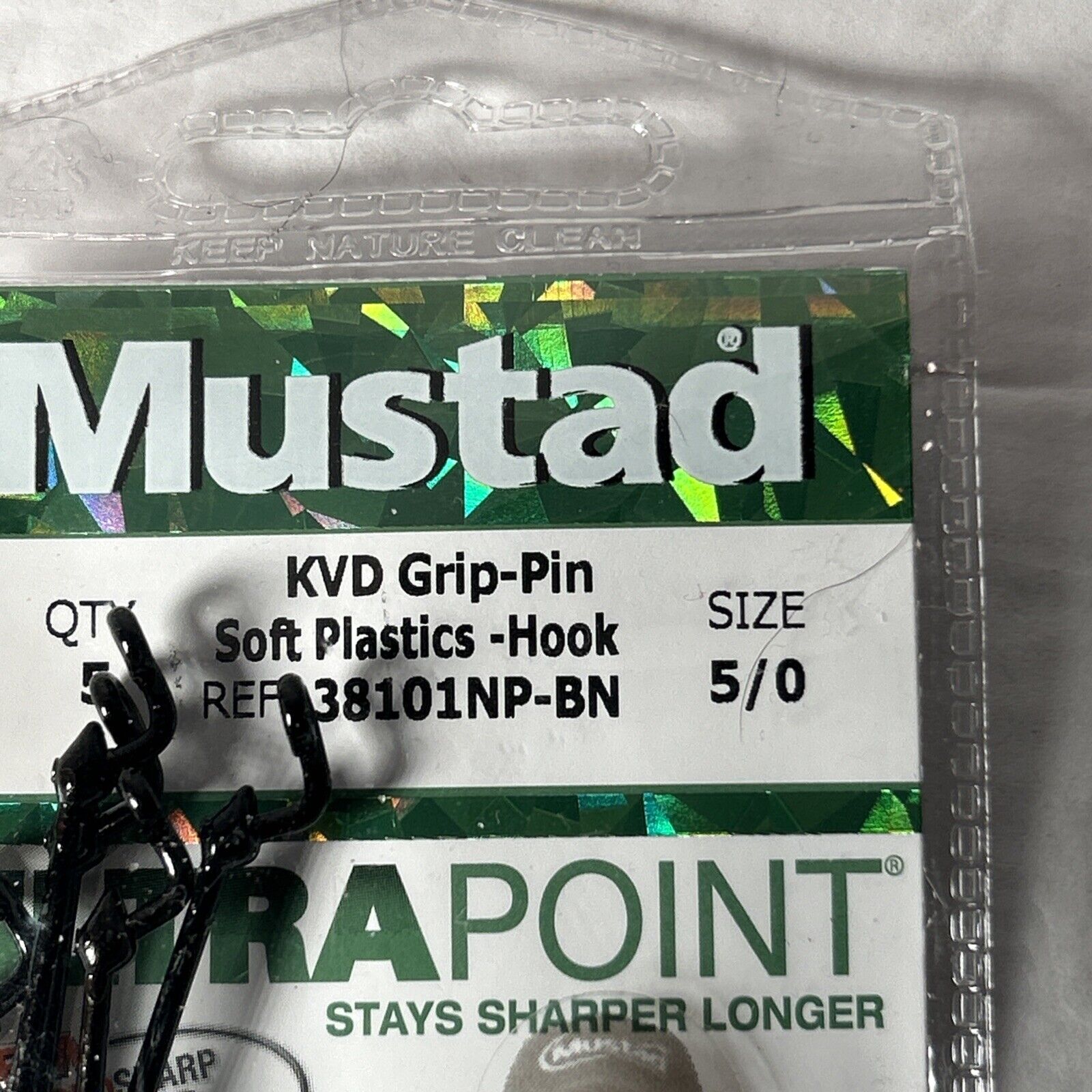 5 Mustad KVD Grip-Pin Soft Plastic Hook 38101NP-BN Size 5/0