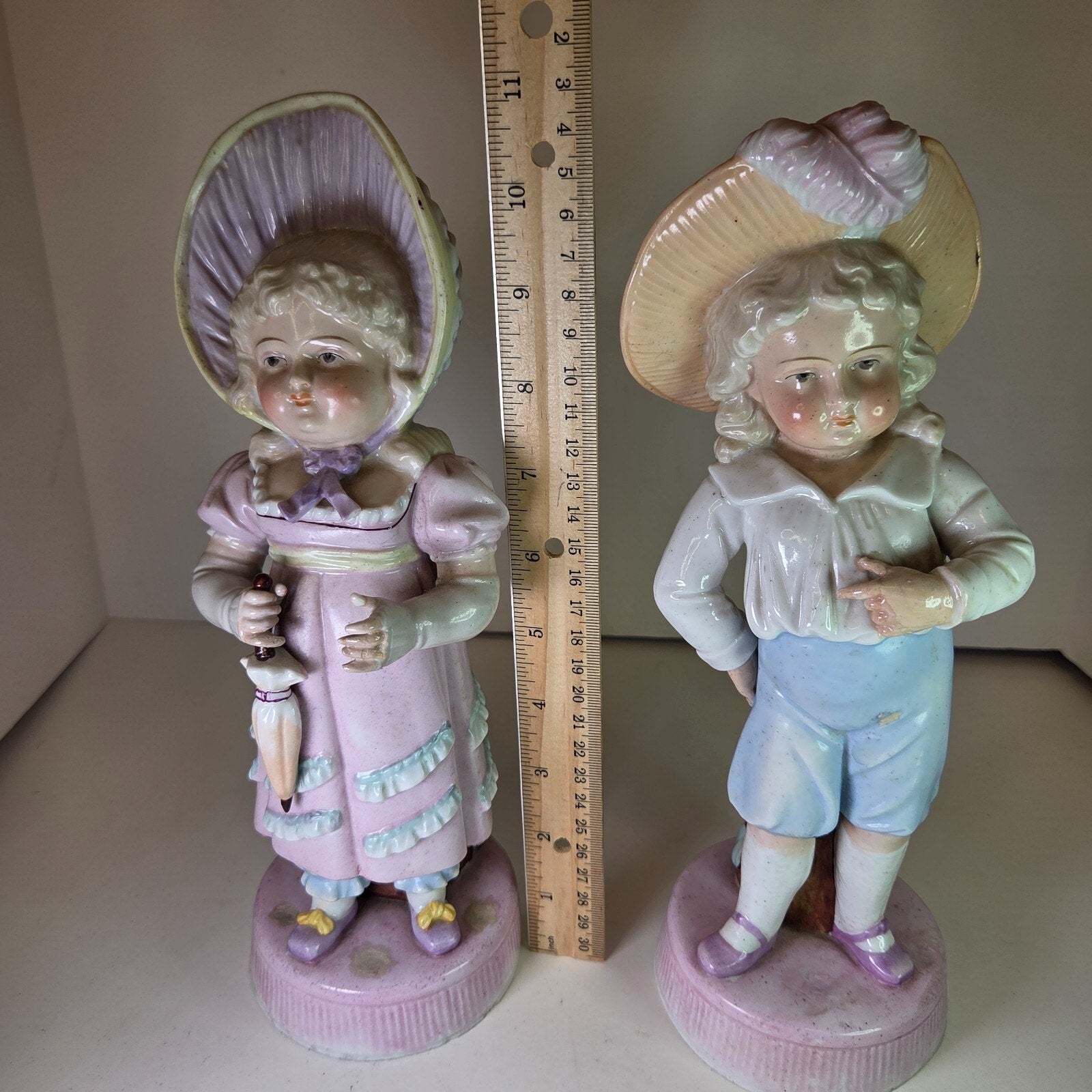 Vintage Bisque Boy & Girl Umbrella Figurines Porcelain 10-11" Pair Collectible