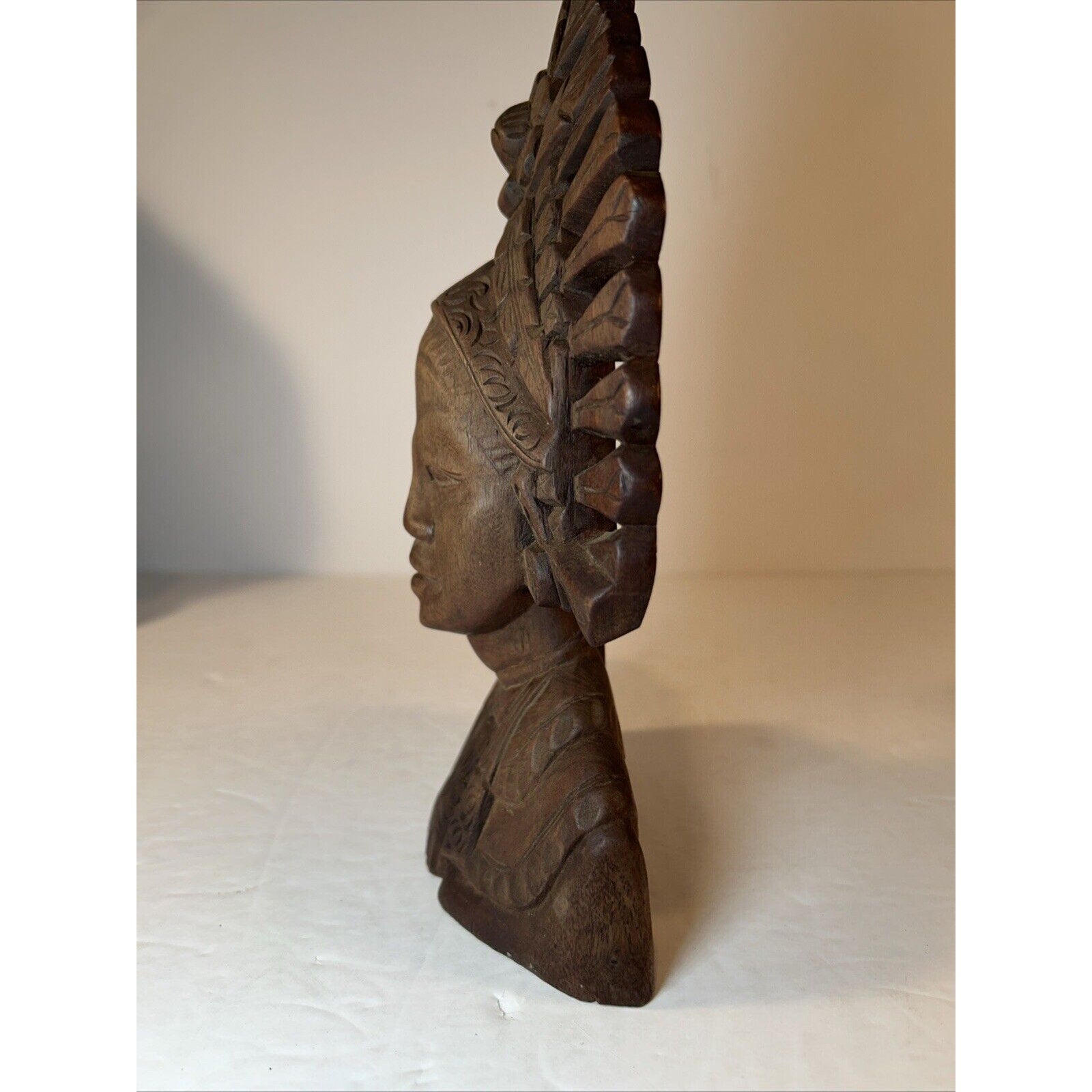 Balinese Hand-Carved Wood Bust Pair | Male & Female Headdress Statues 9-in
