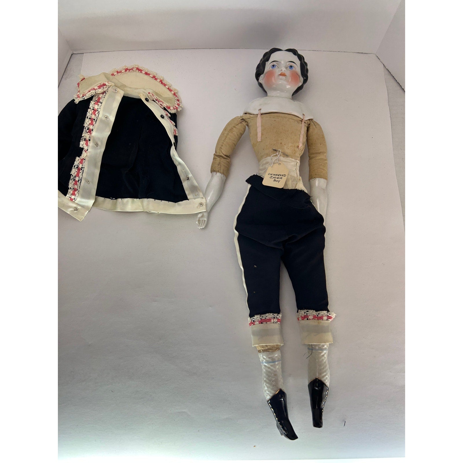 Antique 24" China Boy Doll c1880s Unmarked Cloth Body Provenance Attached
