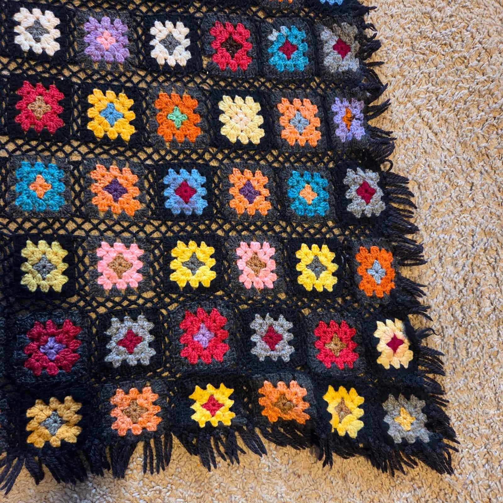 Vintage Handmade Granny Square Crochet Afghan Throw Blanket Roseanne Style