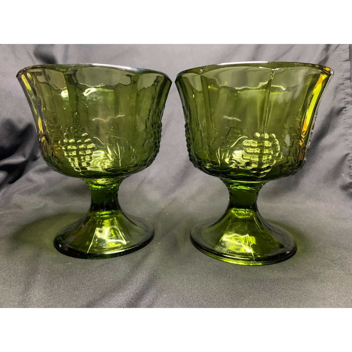 Vintage Indiana Glass Harvest Grape Olive Green Footed Sherbet Bowls Set 2