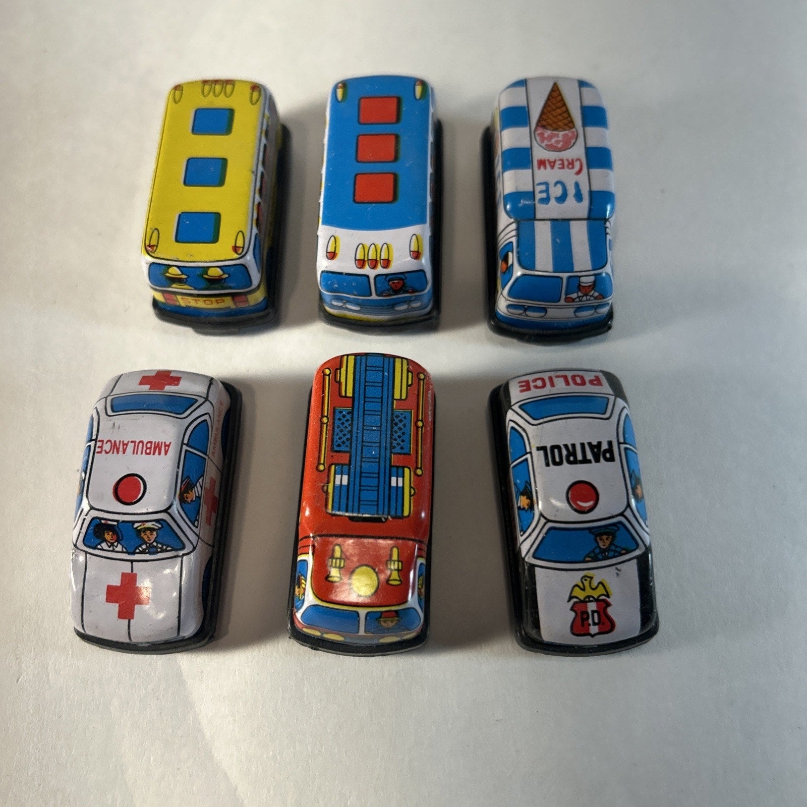 Vintage Tin Litho Friction Super Mini Toy Car Set w/ Display Taiwan 12pc