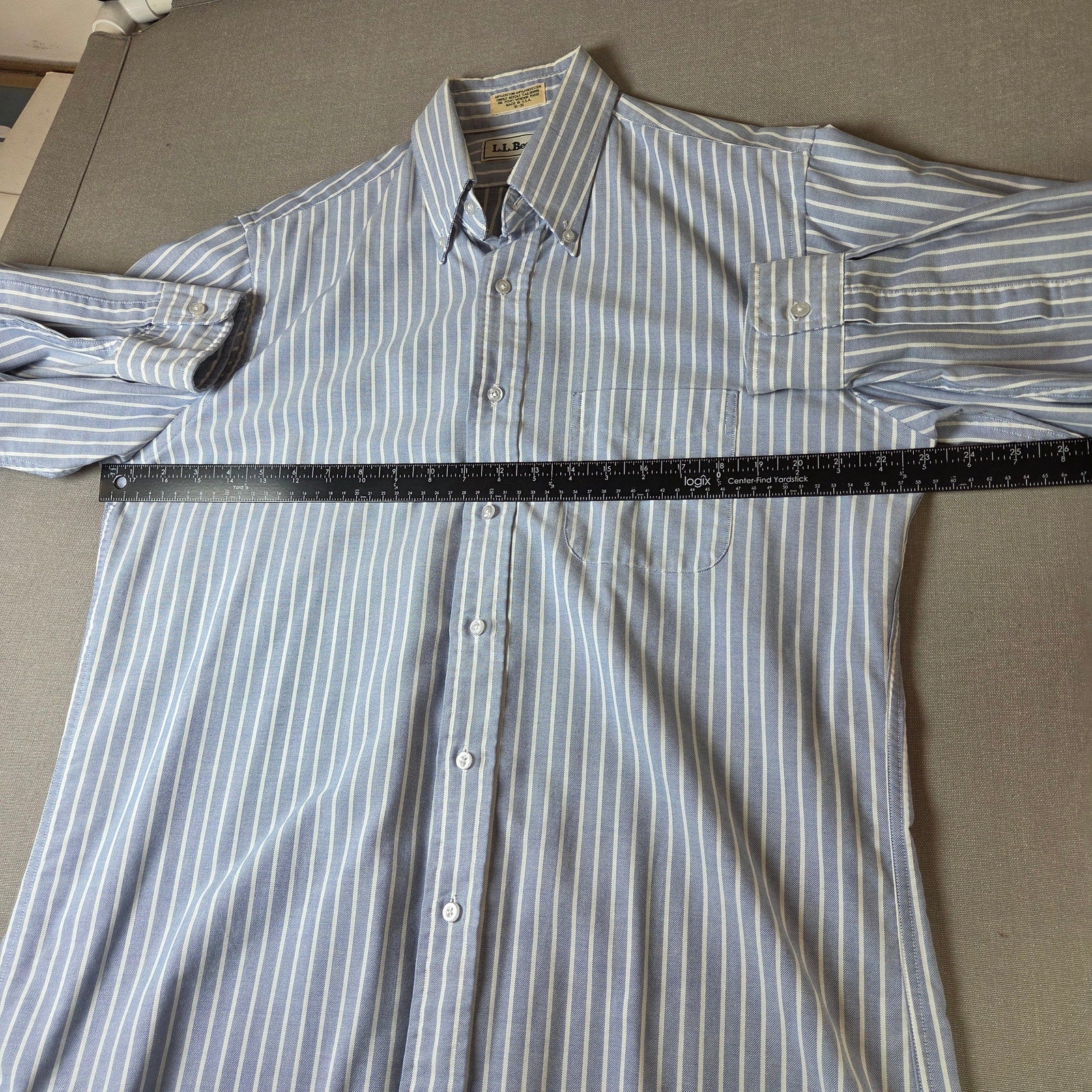 L.L. Bean Vintage Blue White Striped Button Down Shirt Made USA 15 36