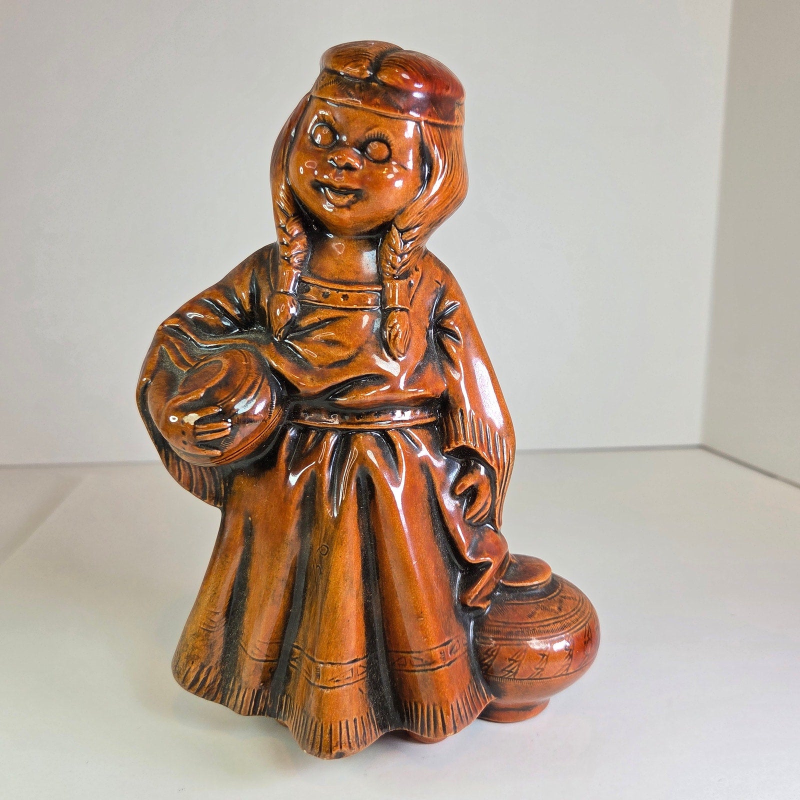Vintage Ceramic Figurine Native American Girl Holding Pottery Brown Glaze 7.75"