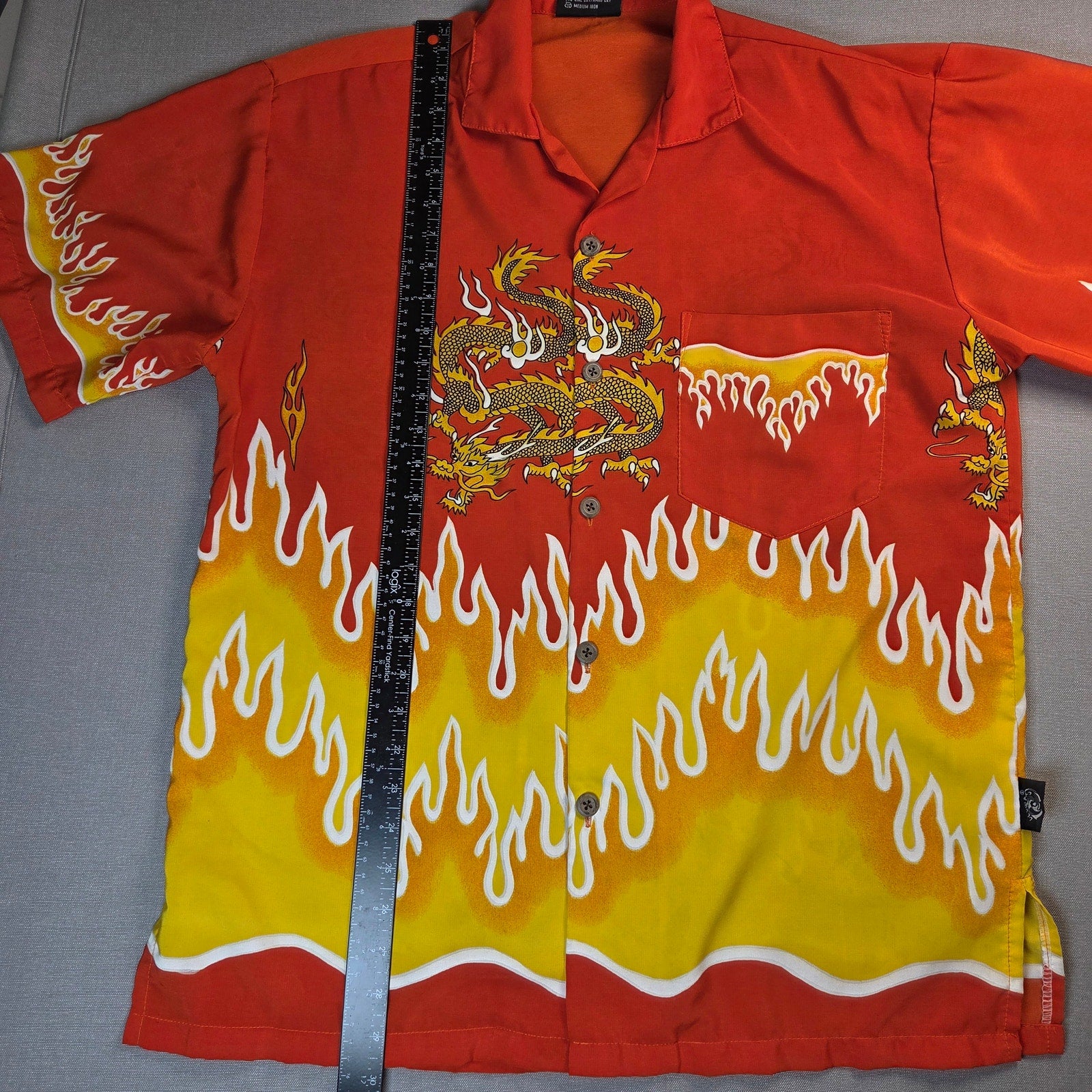 Uluwatu Dragon Flame Rayon Hawaiian Camp Shirt Mens Large Orange Y2K Top