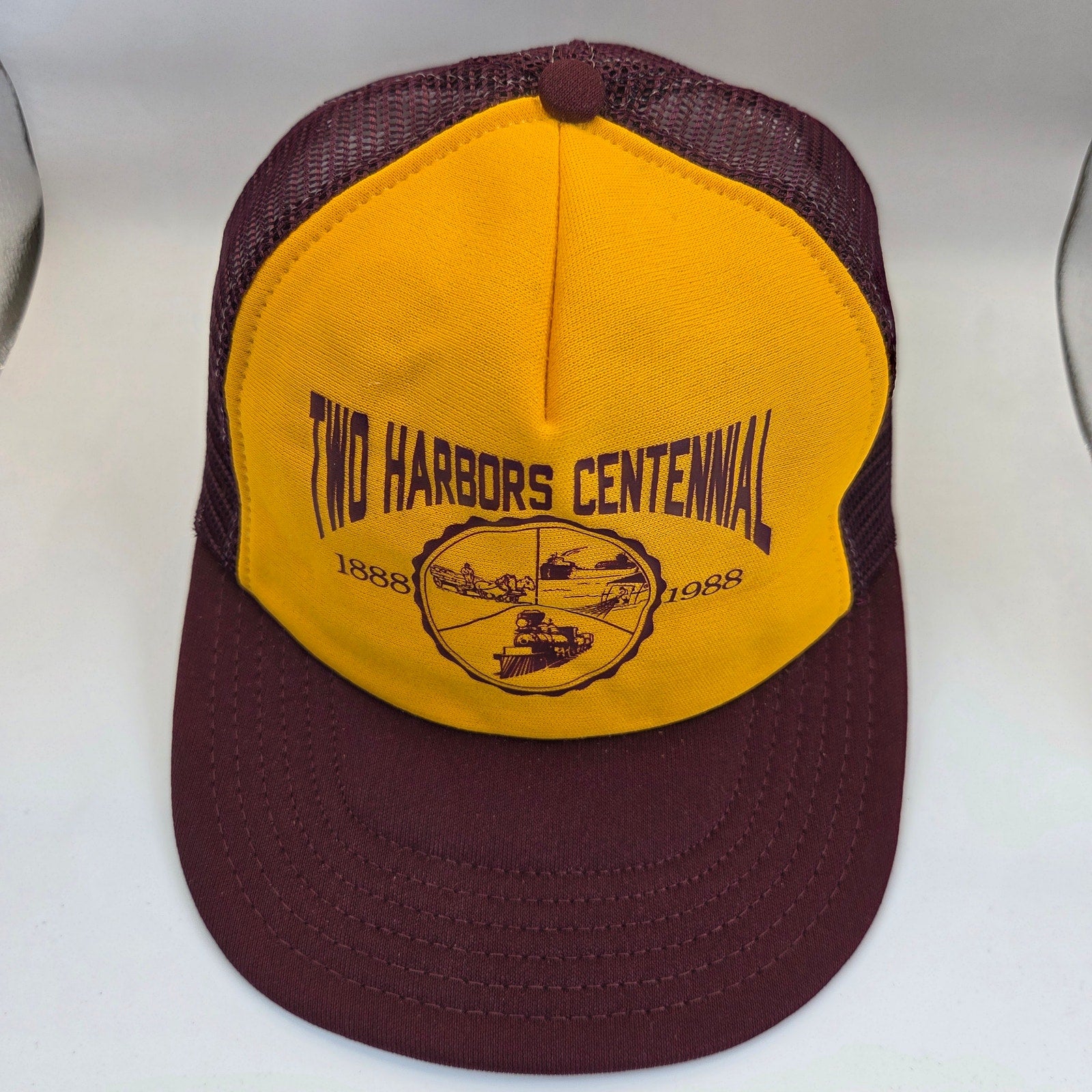 Vintage 1988 Two Harbors Centennial Snapback Trucker Hat USA Foam Mesh Cap