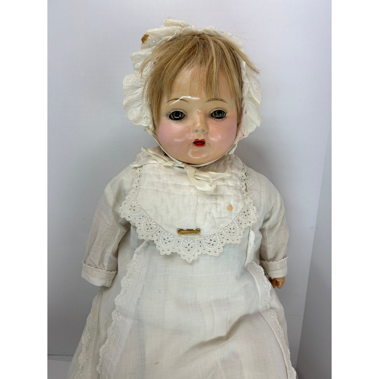 Unmarked 29" Composition Baby Doll c.1915–20s, Sleep Eyes, Human Hair Wig