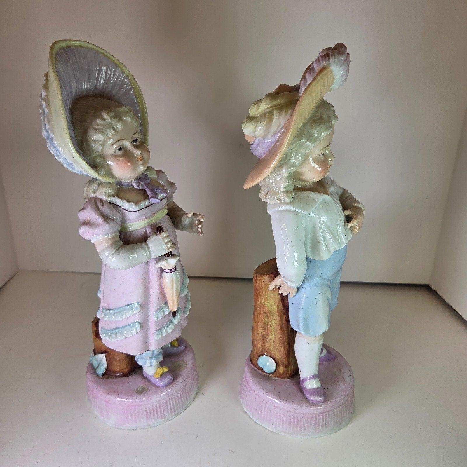 Vintage Bisque Boy & Girl Umbrella Figurines Porcelain 10-11" Pair Collectible