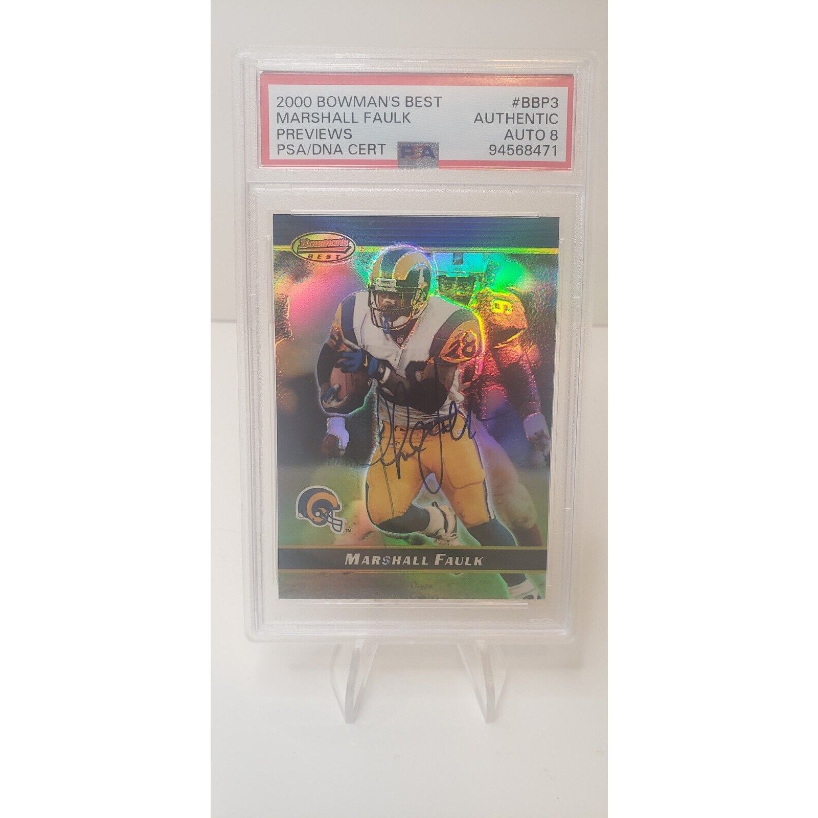 2000 Bowman's Best Marshall Faulk Previews #BBP3 PSA/DNA Cert Auto 8 HOF RB
