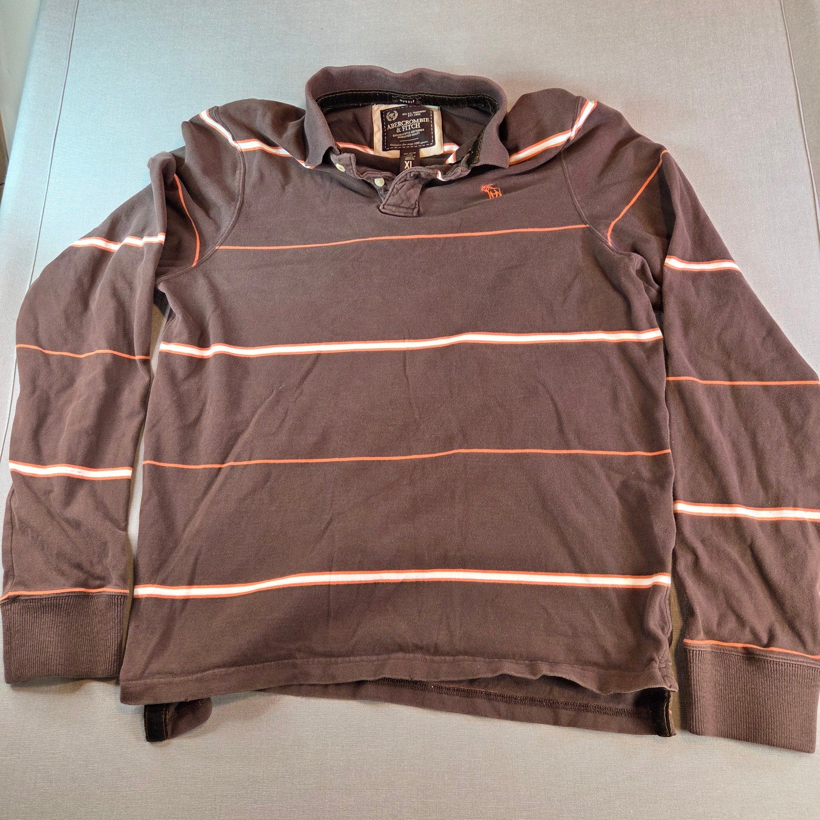 Abercrombie & Fitch Brown Striped Long Sleeve Polo Shirt XL Muscle Fit
