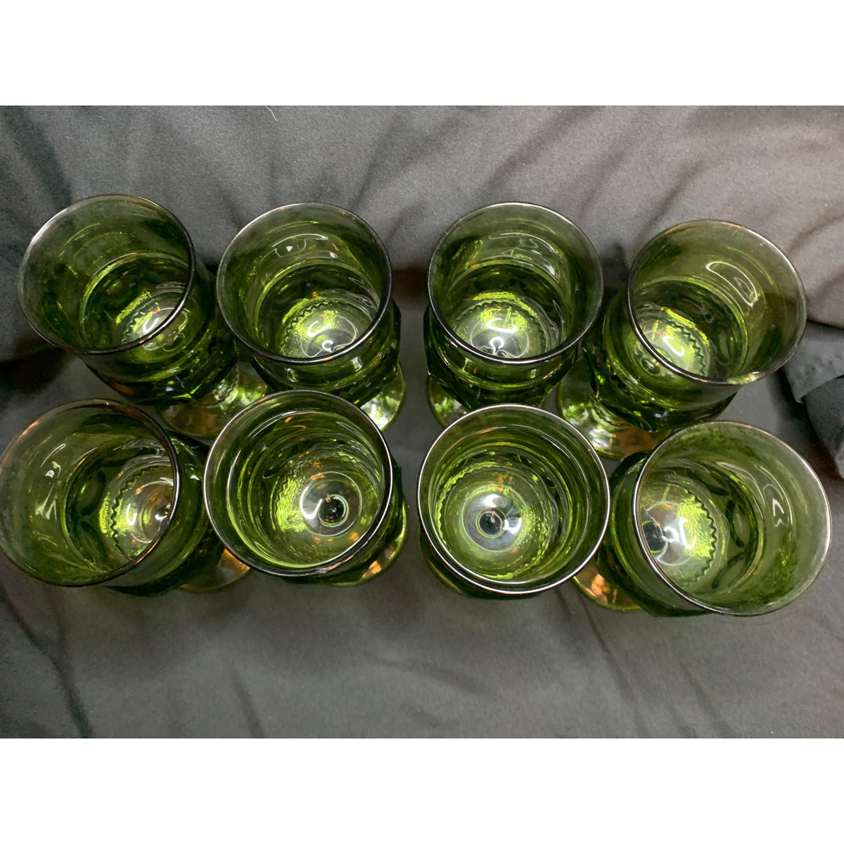 Vintage Indiana Glass Kings Crown Olive Green Goblets Set of 8 READ
