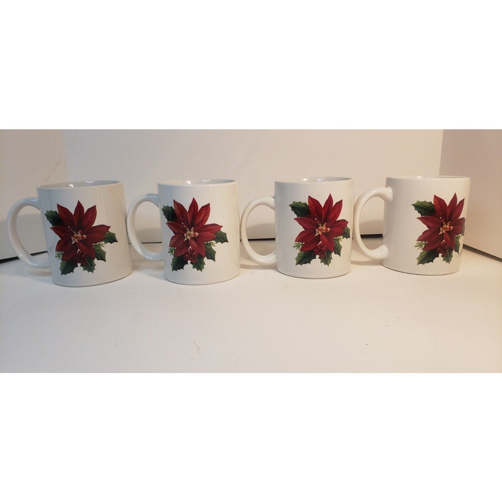 Set of 4 Poinsettia Coffee Mugs Holiday Christmas Floral White Red Green
