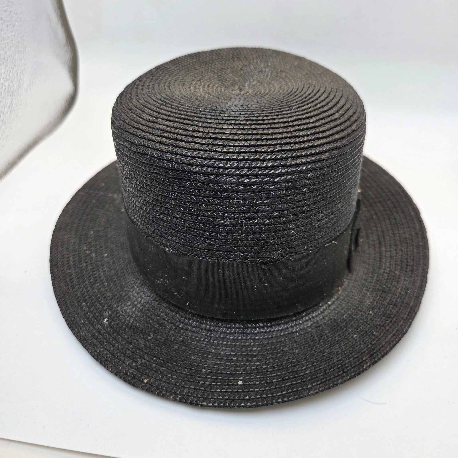 Vintage Straw Boater Hat Black Flat Top Size 6 3/8 Antique Ribbon Band