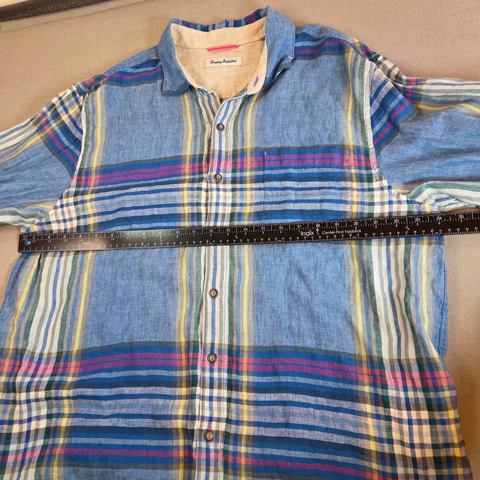 Tommy Bahama Linen Plaid Shirt XL Blue Button Up Marlin Logo Long Sleeve
