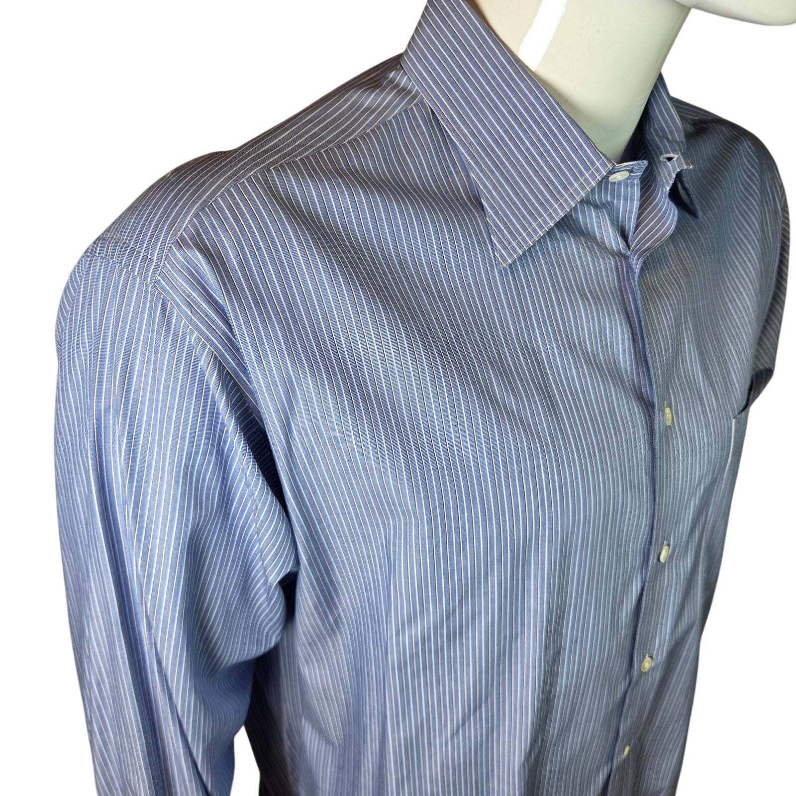 Giorgio Armani Le Collezioni Blue Stripe French Cuff Dress Shirt 17 34/35