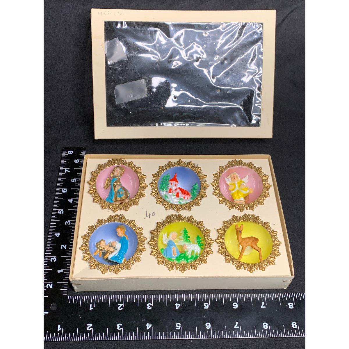 Vintage Western Germany Diorama Christmas Ornaments Set of 6 Boxed 1950s