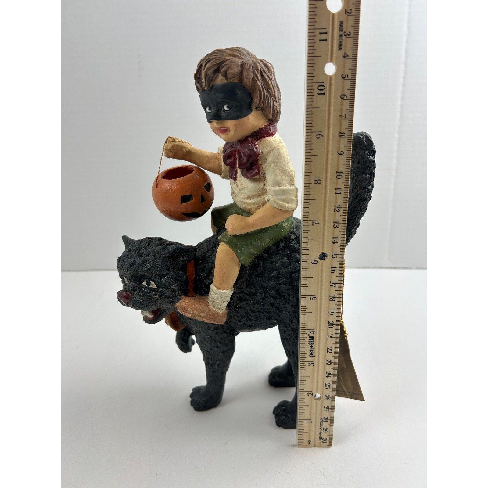 Bethany Lowe Masked Trick-or-Treater Riding Black Cat Halloween Figurine