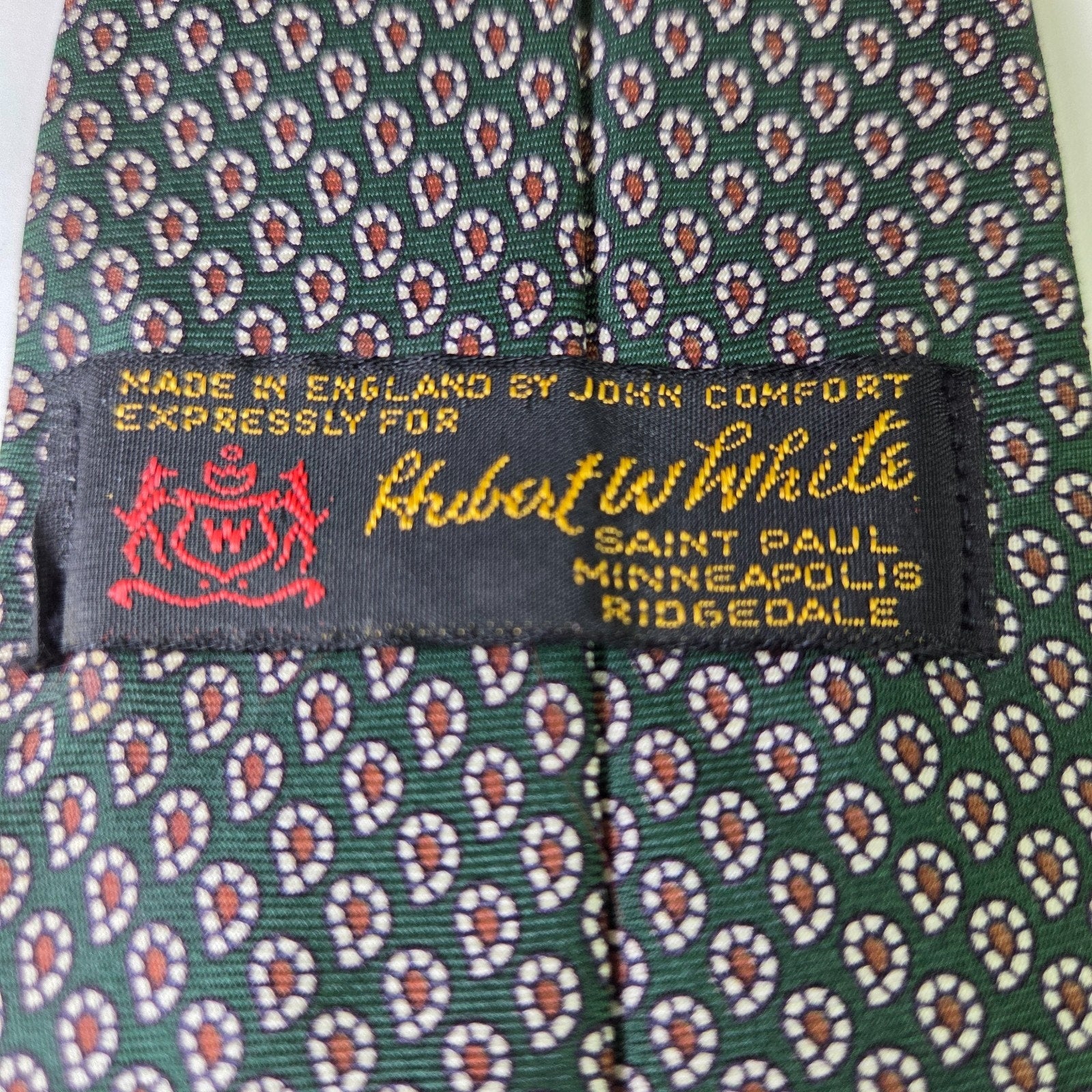 Robert White English Silk Tie Green Red Micro Paisley John Comfort Vintage