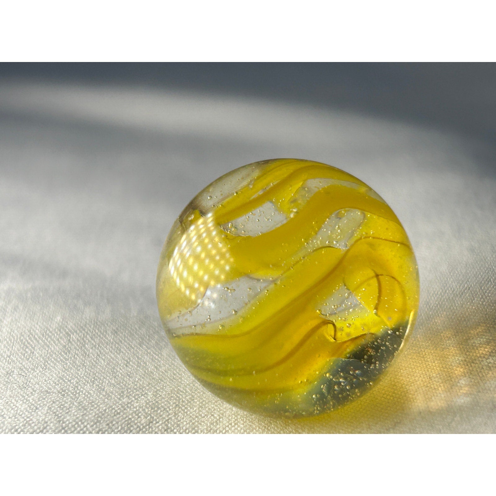 Bright Yellow Swirl Art Glass Marble Handmade Style Clear Base 0.7 Inch