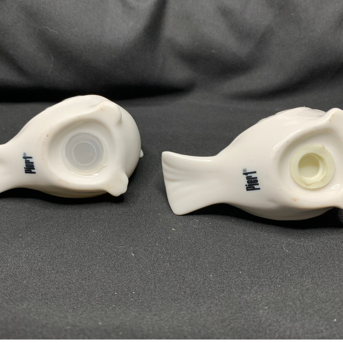 Pier 1 White Ceramic Bird Salt Pepper Shakers Embossed Scroll Design Set