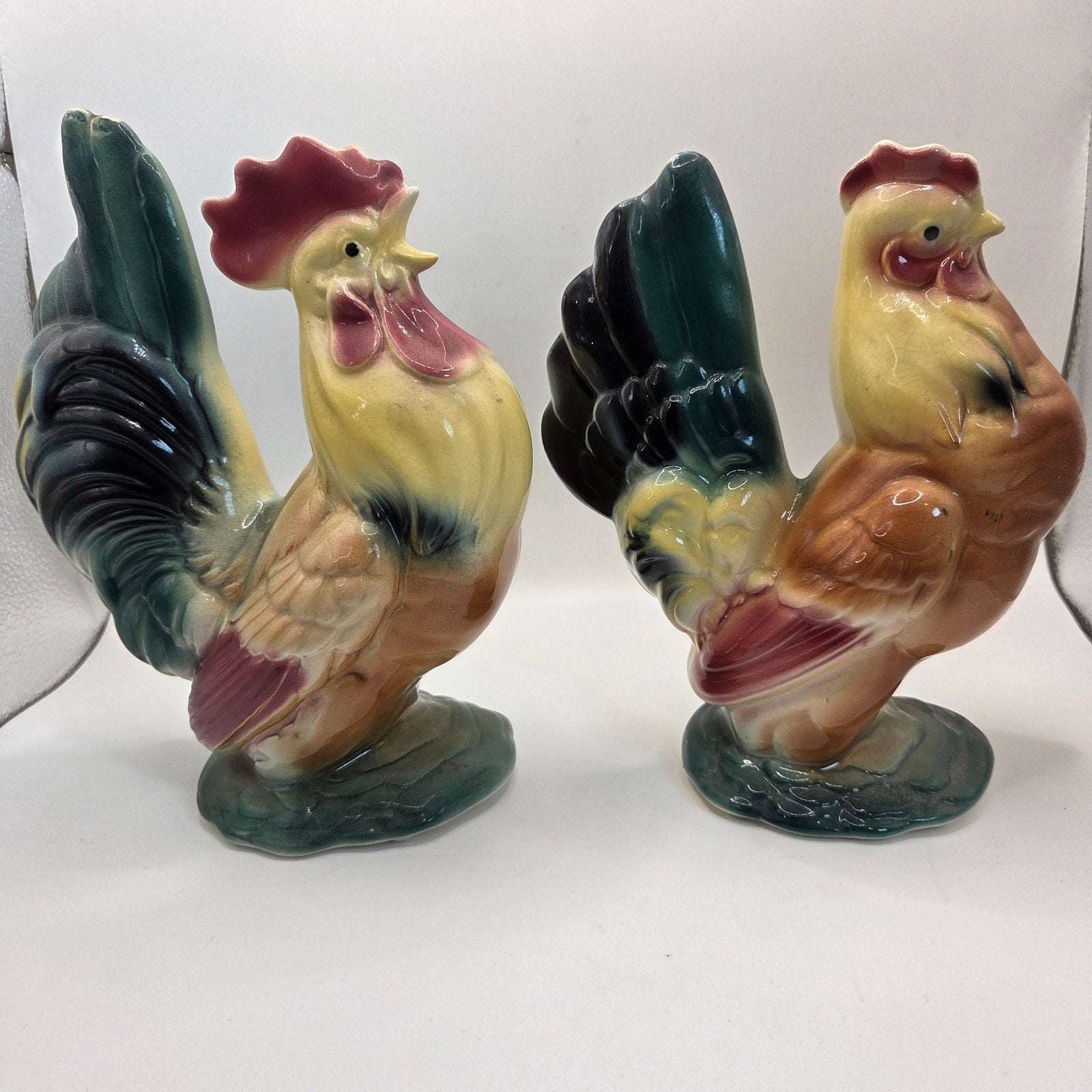 Vintage Royal Copley Rooster & Hen Figurine Pair 1950s Ceramic Statues