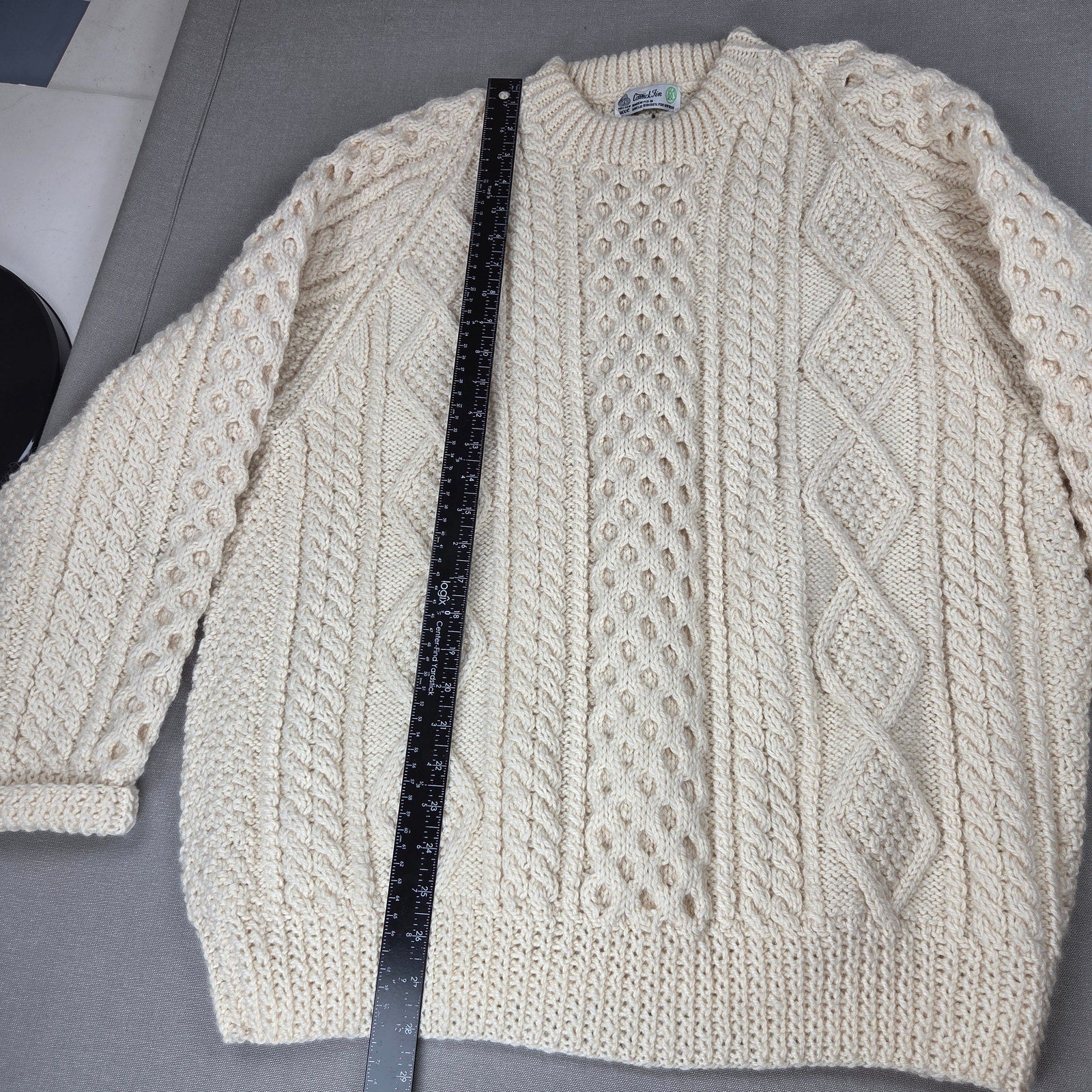 Carrick Fin Irish Aran Fisherman Sweater Wool Hand Knit Donegal XL Cream