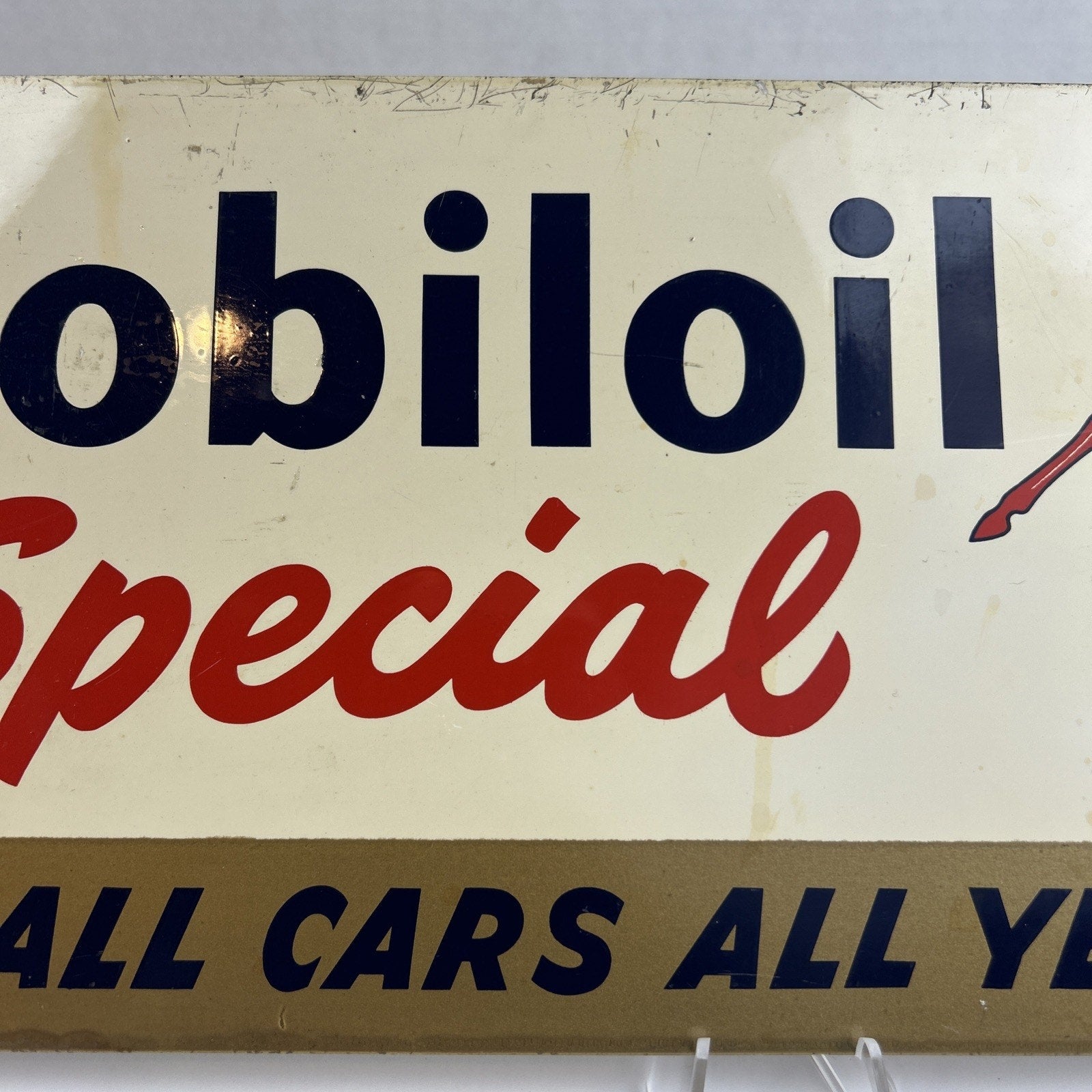 Vintage Mobiloil Special Advertising Sign 18"x7" Pegasus Metal Gas Oil Garage