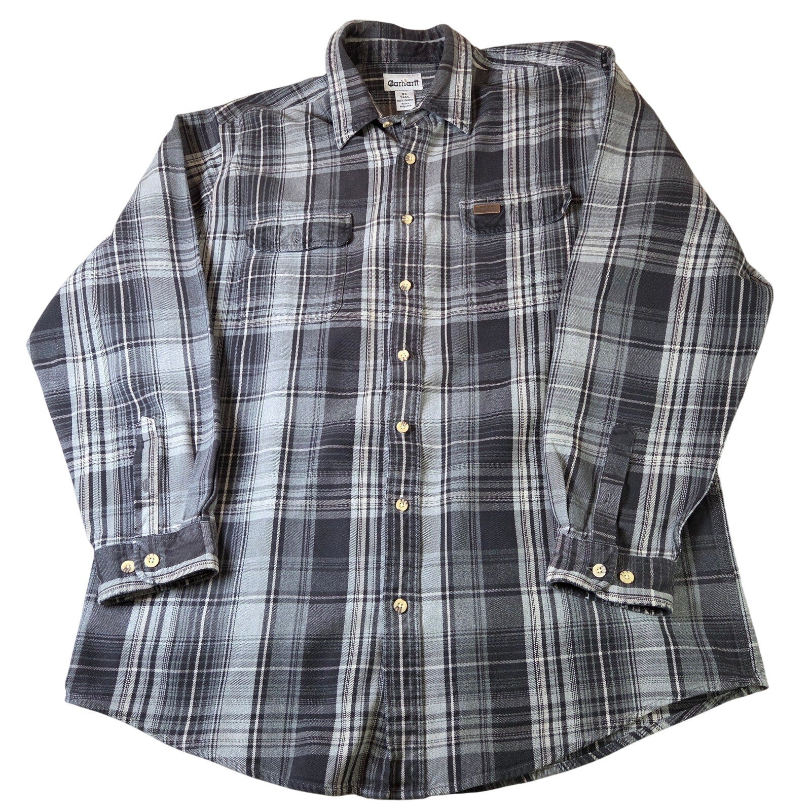 Carhartt XL Tall Heavyweight Plaid Flannel Work Shirt Gray 100% Cotton