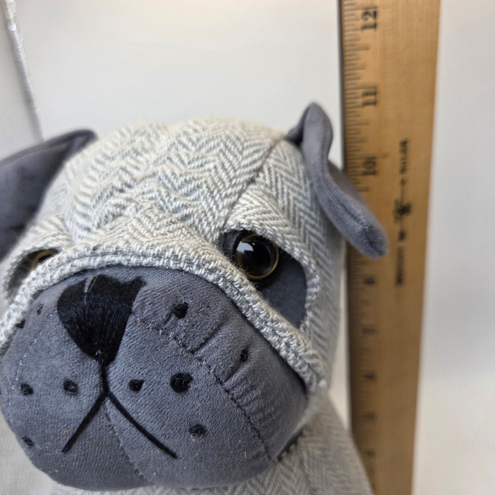 Dora Designs Pug Dog Doorstop Weighted Fabric Herringbone Home Decor 11in