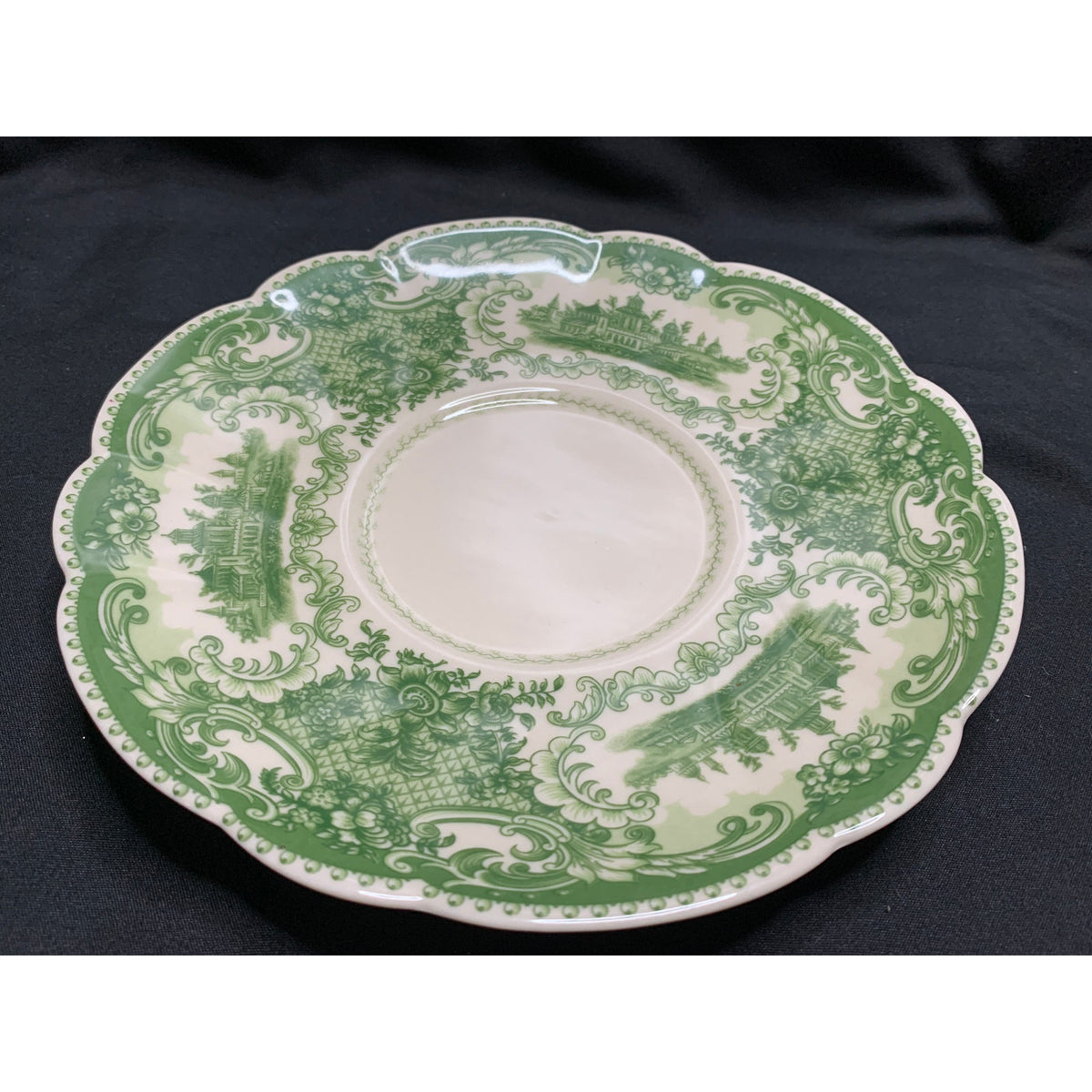 Vintage Green Transferware 2 Handle Cream Soup Cup & Saucer Scenic Floral