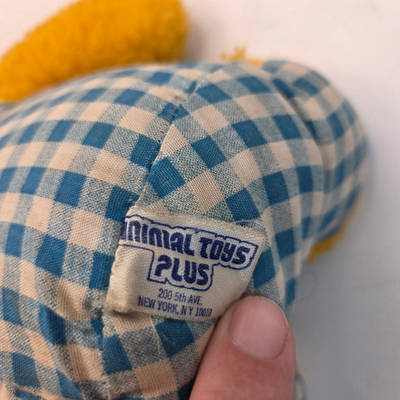 Vintage 1980s Plush Chick Yellow Stuffed Animal in Blue Gingham Romper Haiti