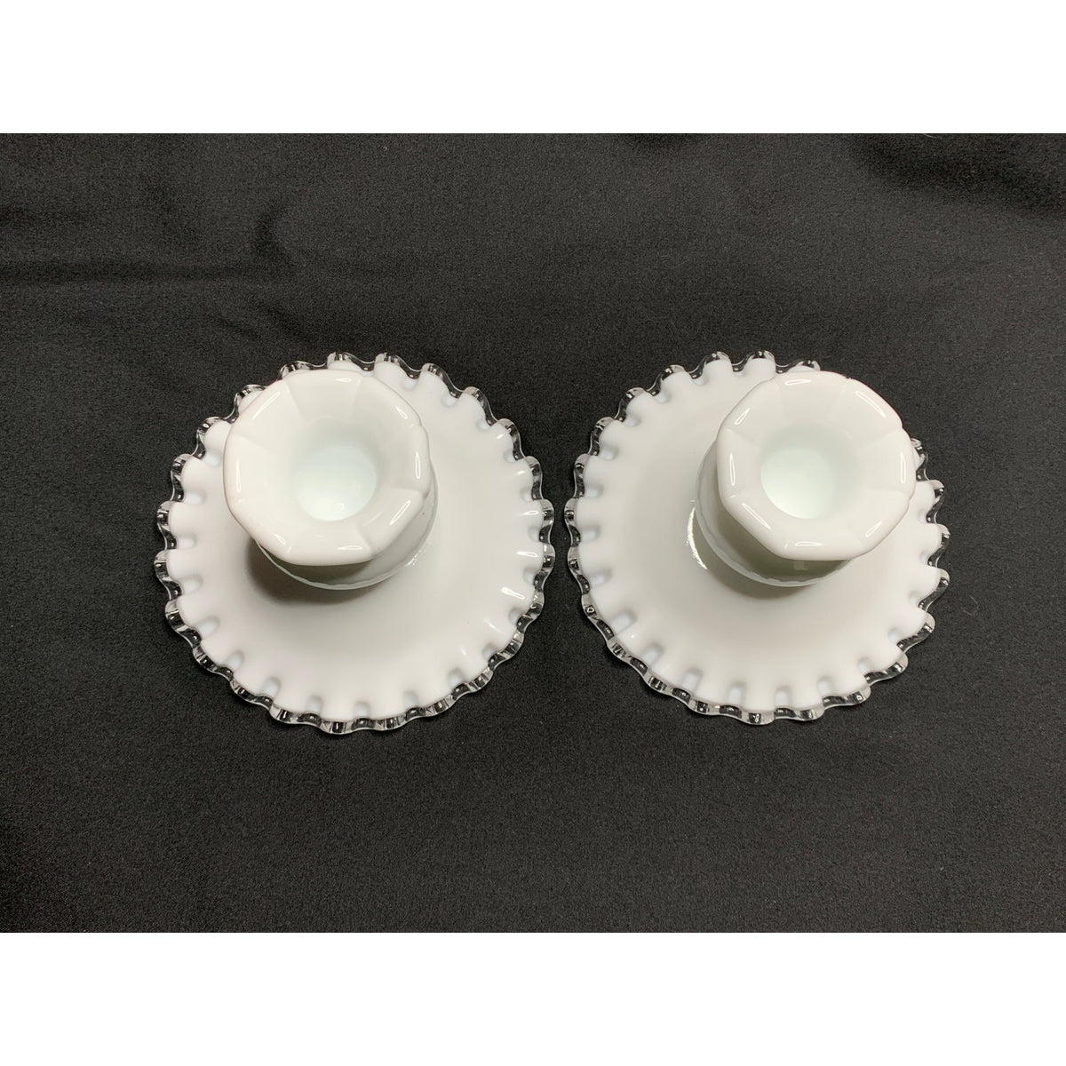 Vintage Fenton Silver Crest Milk Glass Candle Holders Clear Edge Pair