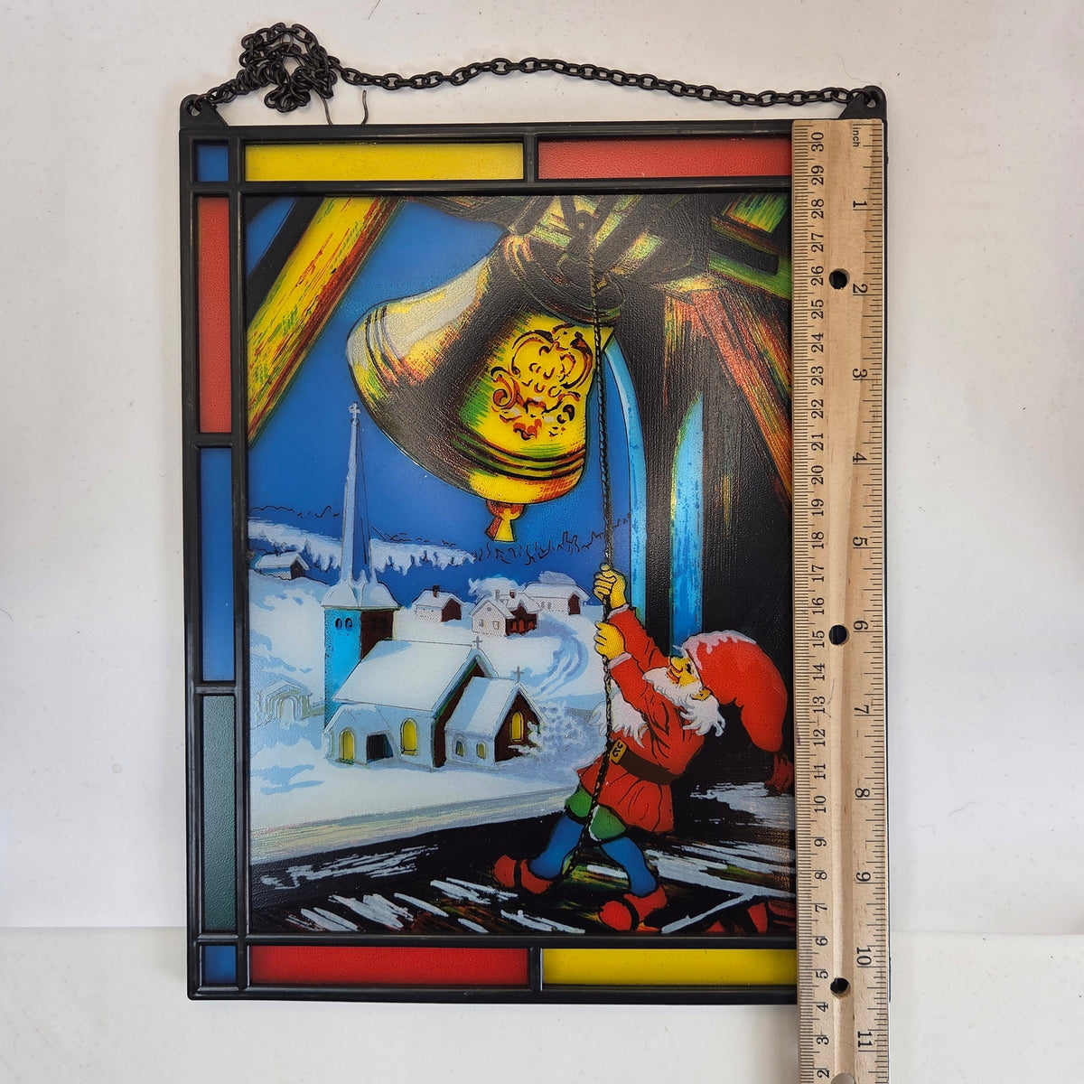 Vintage Faux Stained Glass Christmas Elf Ringing Bell Window Panel Suncatcher