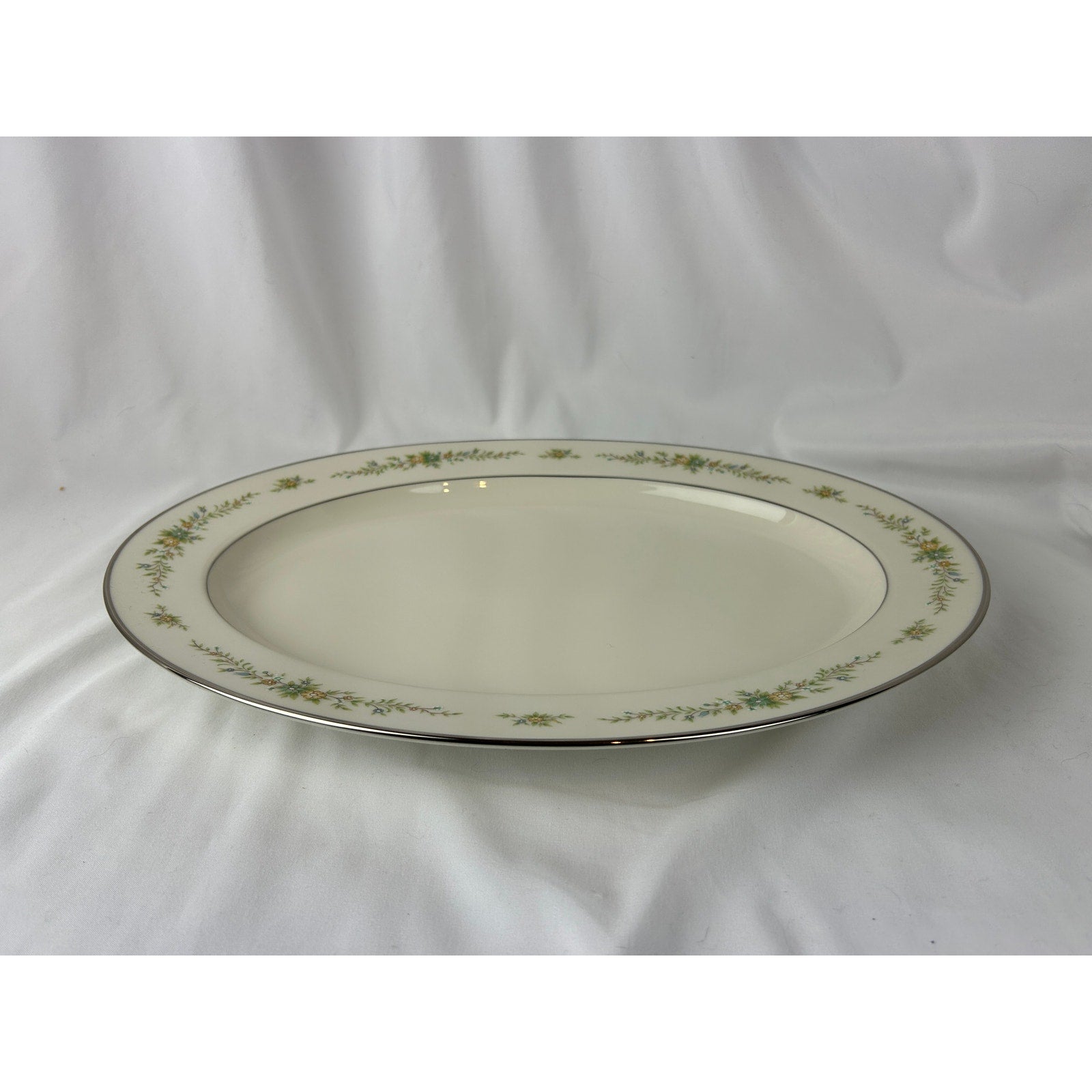 Noritake Christina 7056 Oval Serving Platter Ivory China Floral Silver Trim