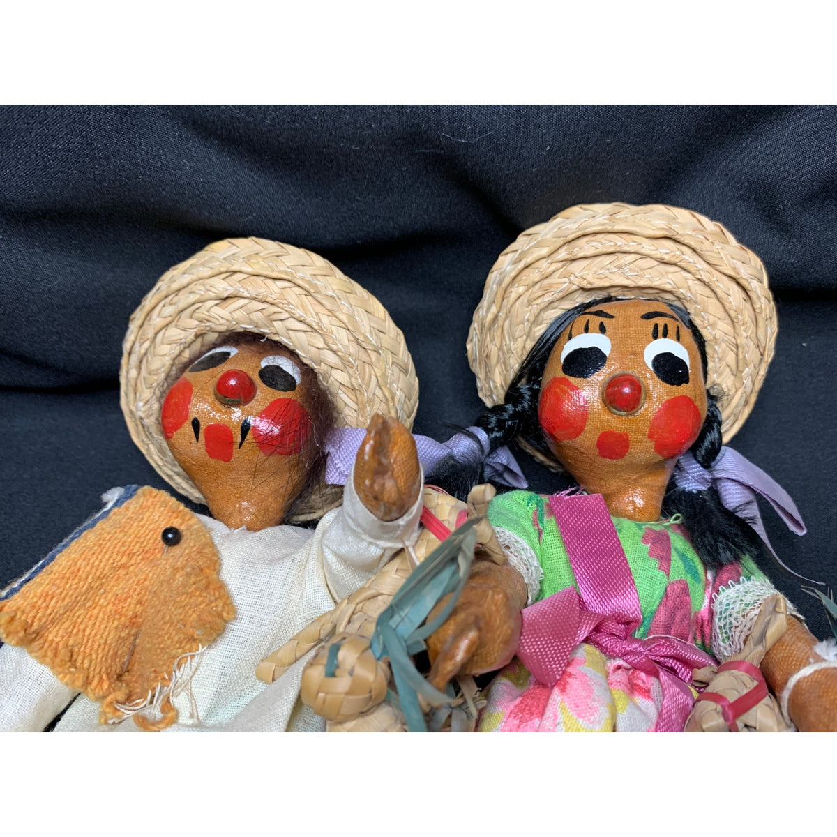 Vintage Mexican Folk Art Oilcloth Dolls Pair Straw Hats Animals 1960s 1970s