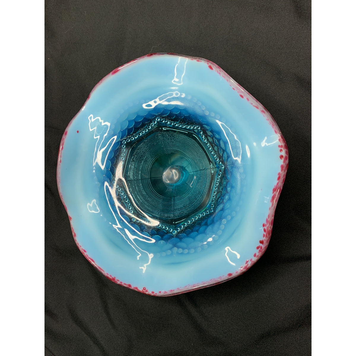 Antique Jefferson Glass Pearls & Scales Blue Opalescent Compote Cranberry Frit