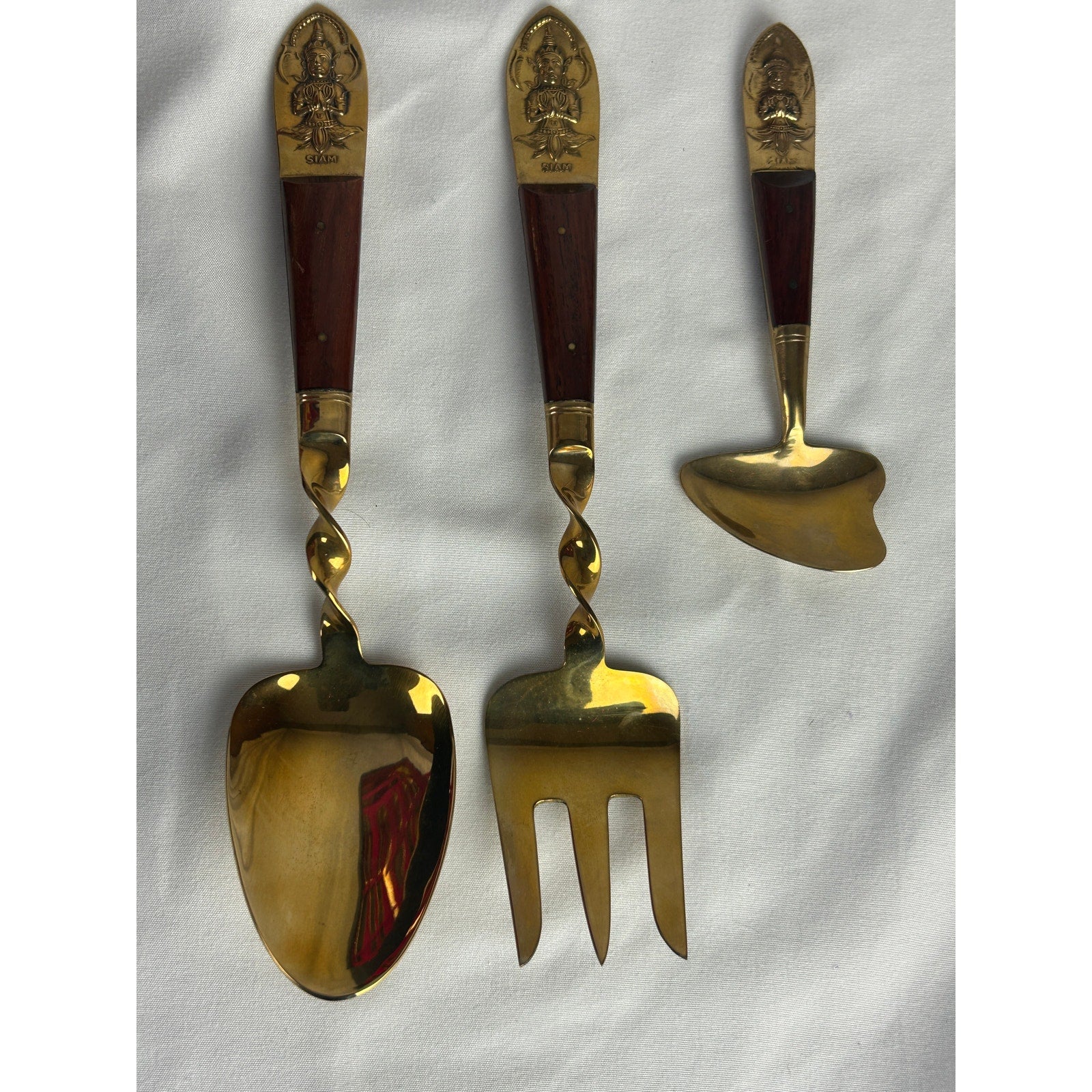 Vintage Siam Brass Bronze Flatware Serving Set Thailand 24 Pc Case