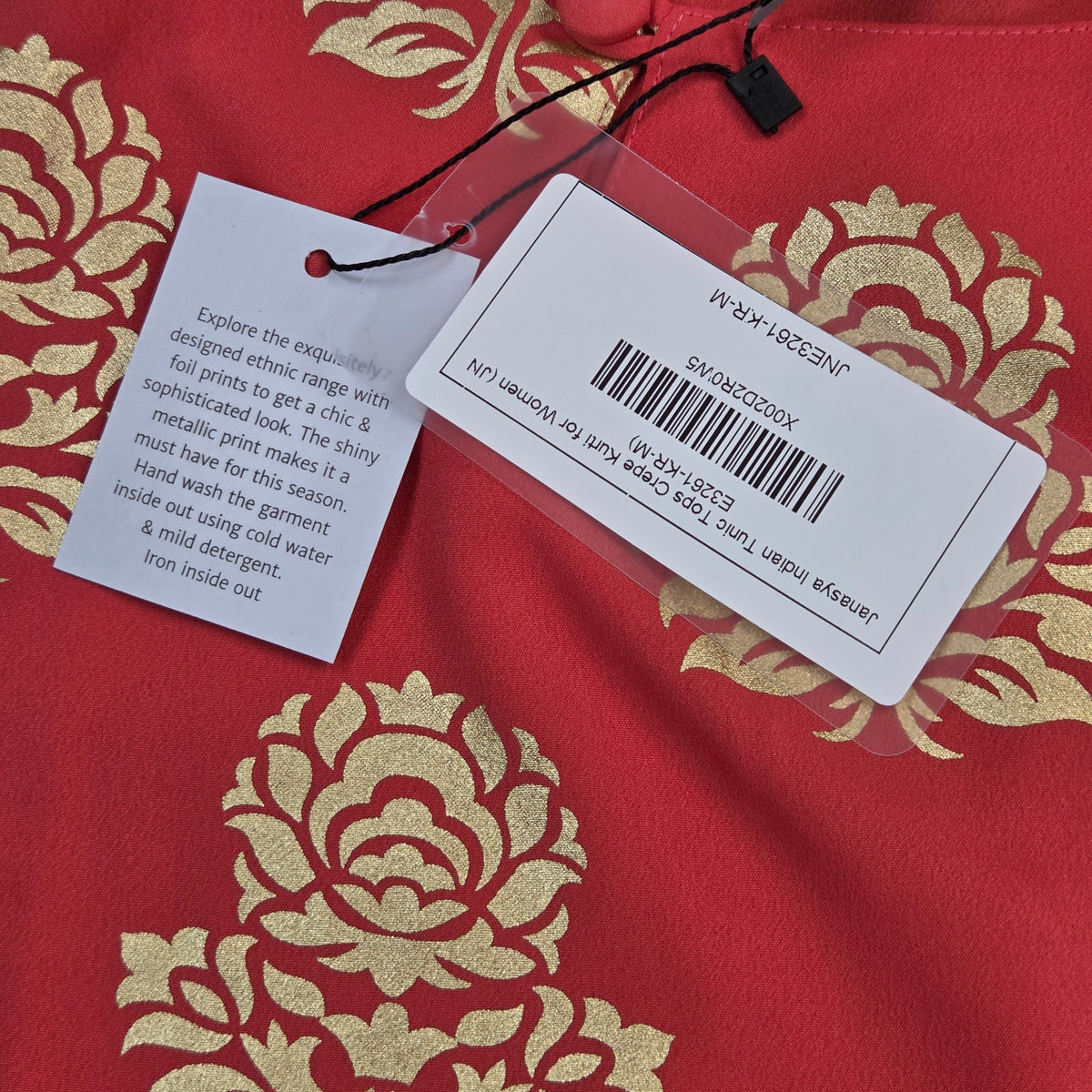 Janasya Womens M Red Gold Floral Foil Print Crepe Kurti Indian Tunic Top NWT
