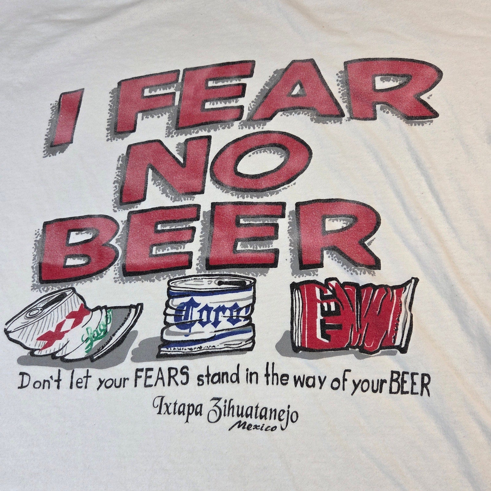 Manzanillo 90s I Fear No Beer Vintage Mexico Tourist Graphic T Shirt XL White